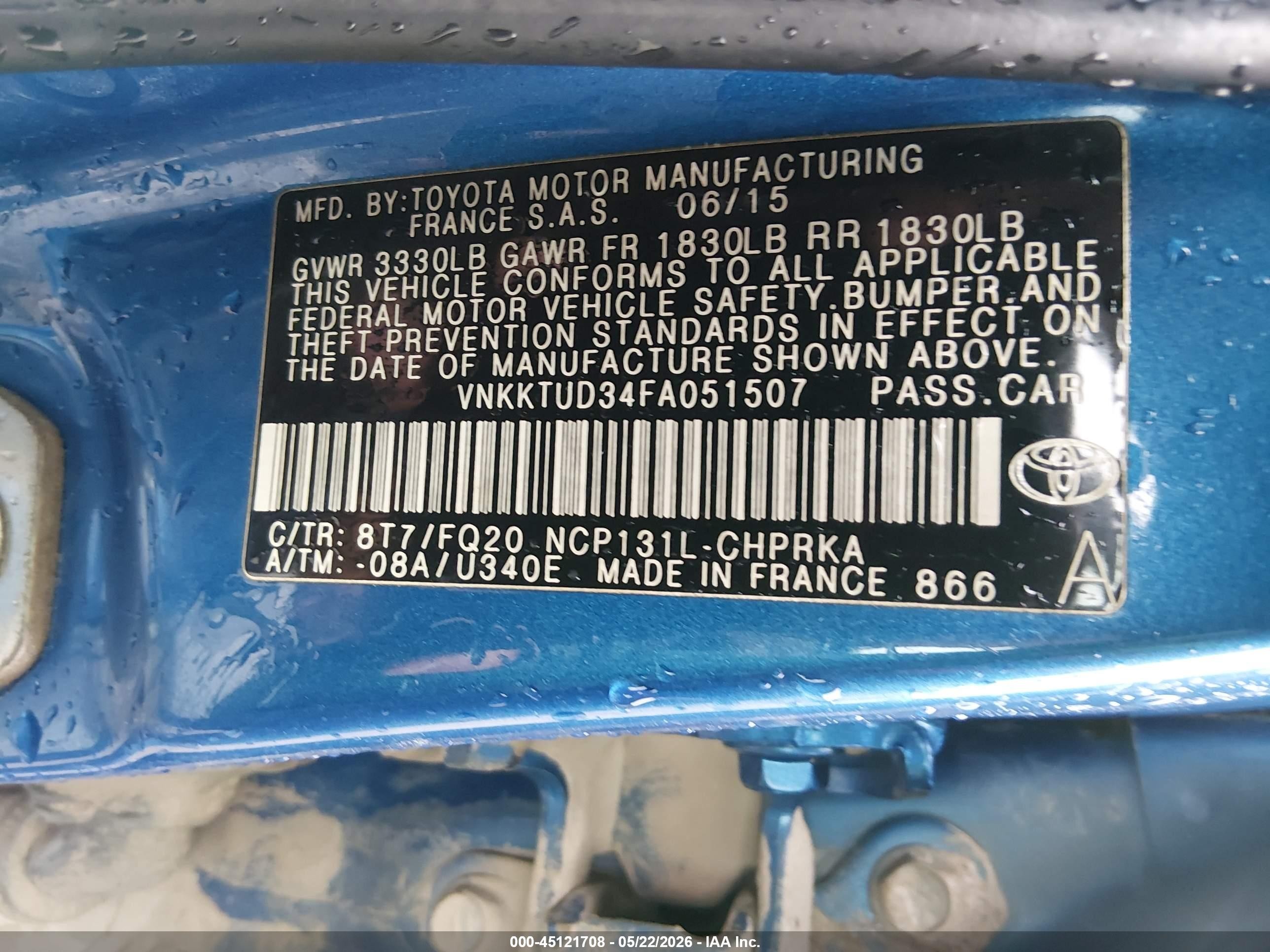 2015 Toyota Yaris L Blue vin: VNKKTUD34FA051507
