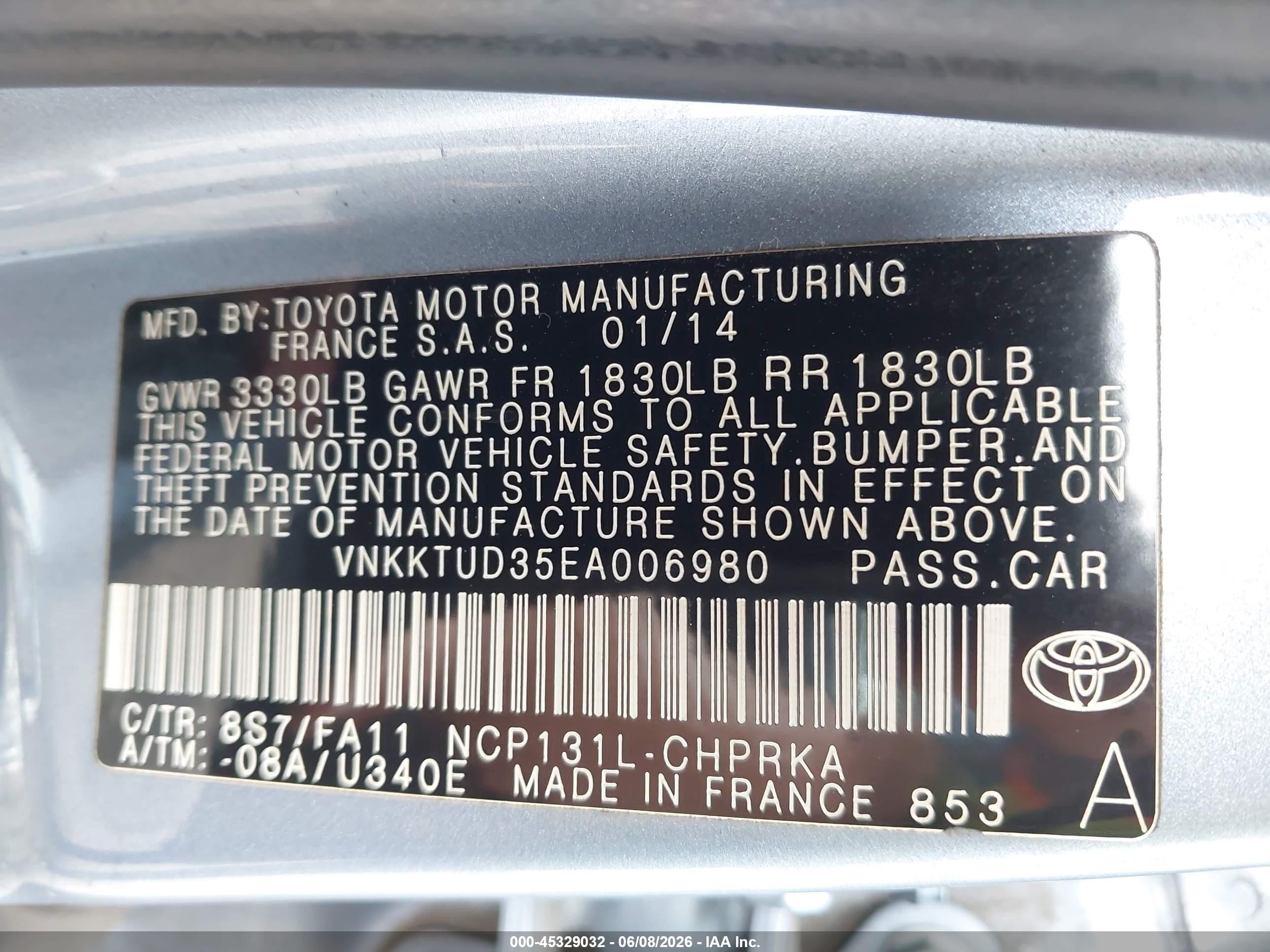 2014 Toyota Yaris L (tmmf Plant) Синий vin: VNKKTUD35EA006980