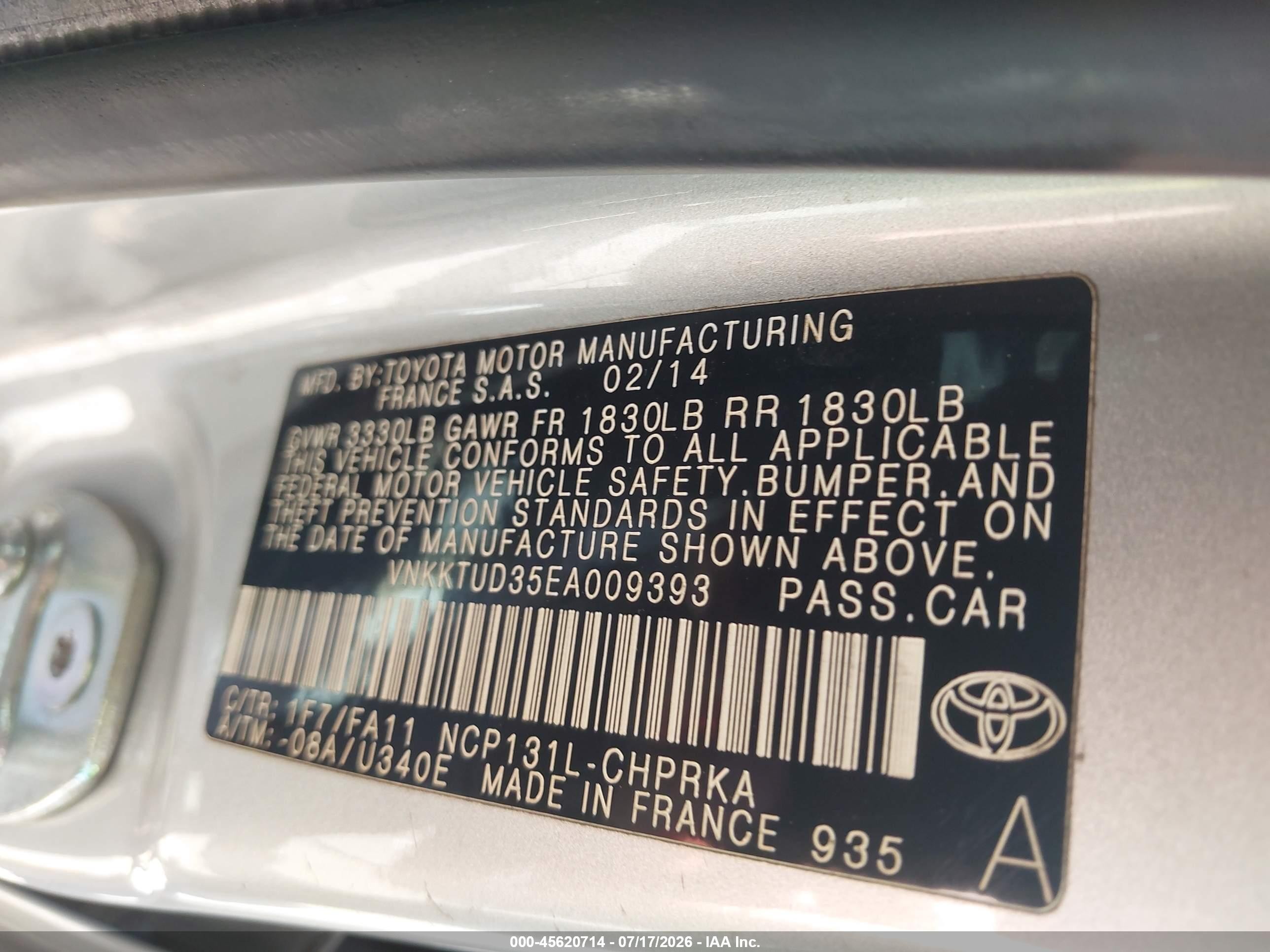 2014 Toyota Yaris L (tmmf Plant) Silver vin: VNKKTUD35EA009393