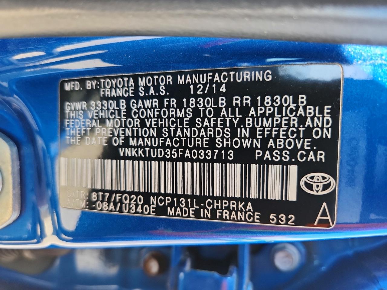 2015 Toyota Yaris 5-door L Синий vin: VNKKTUD35FA033713