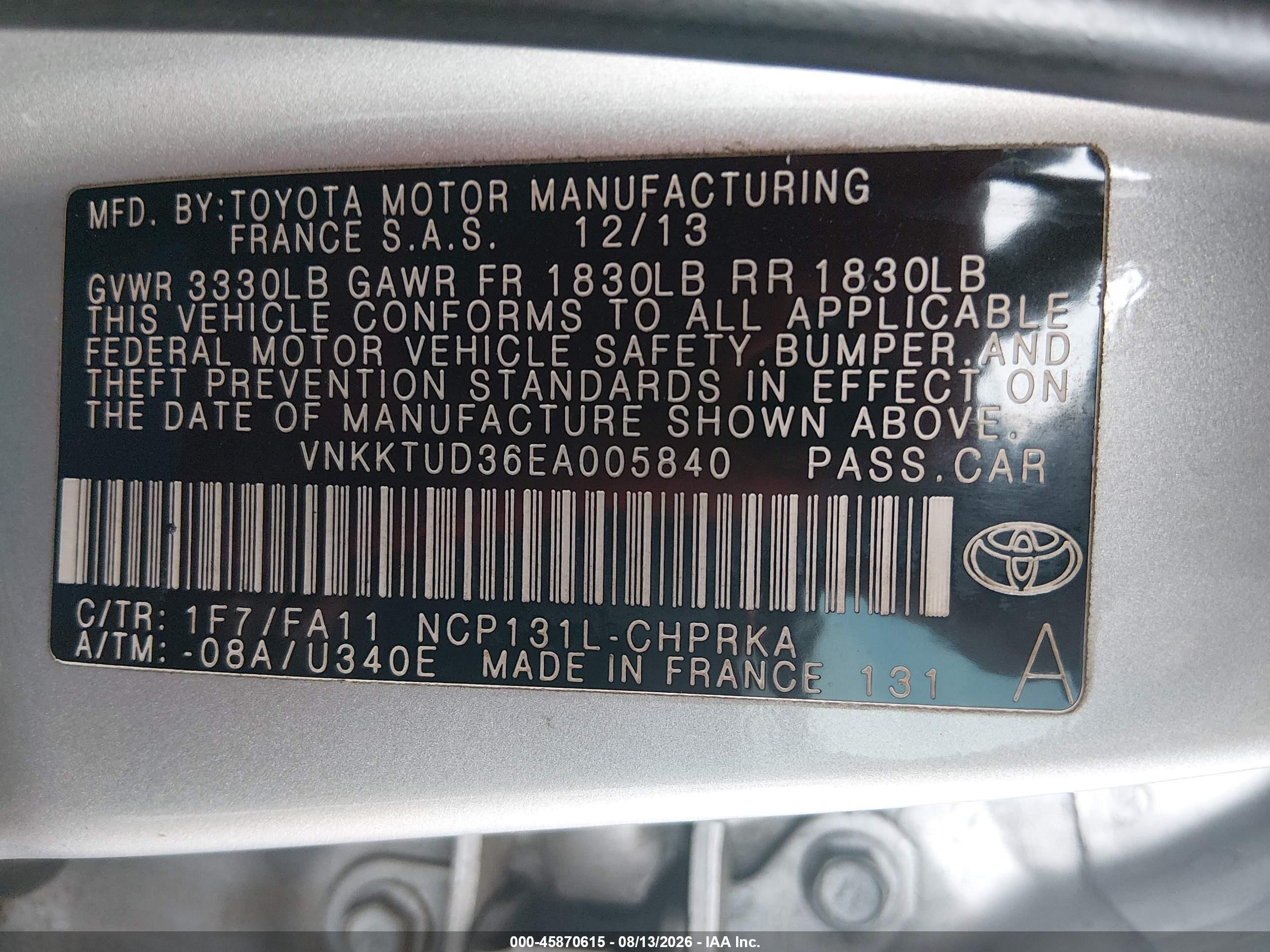 2014 Toyota Yaris L (tmmf Plant) Silver vin: VNKKTUD36EA005840
