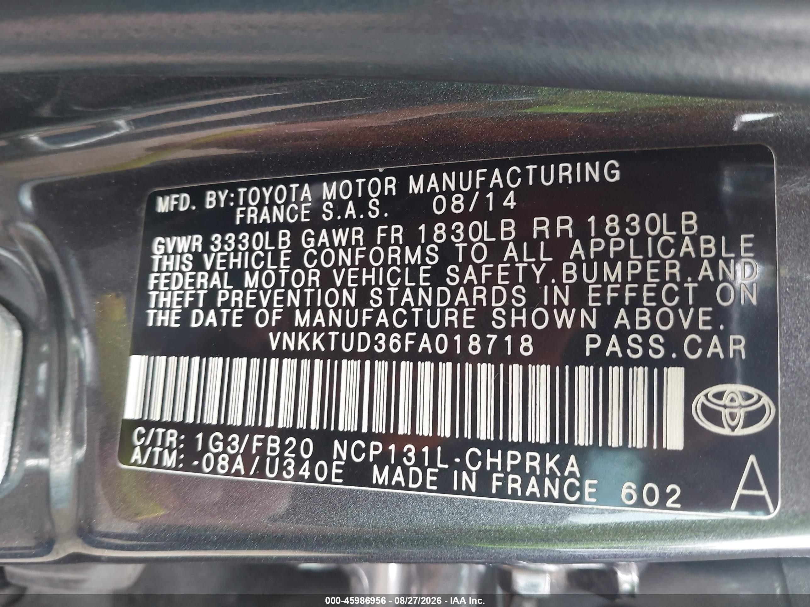 2015 Toyota Yaris Le Gray vin: VNKKTUD36FA018718