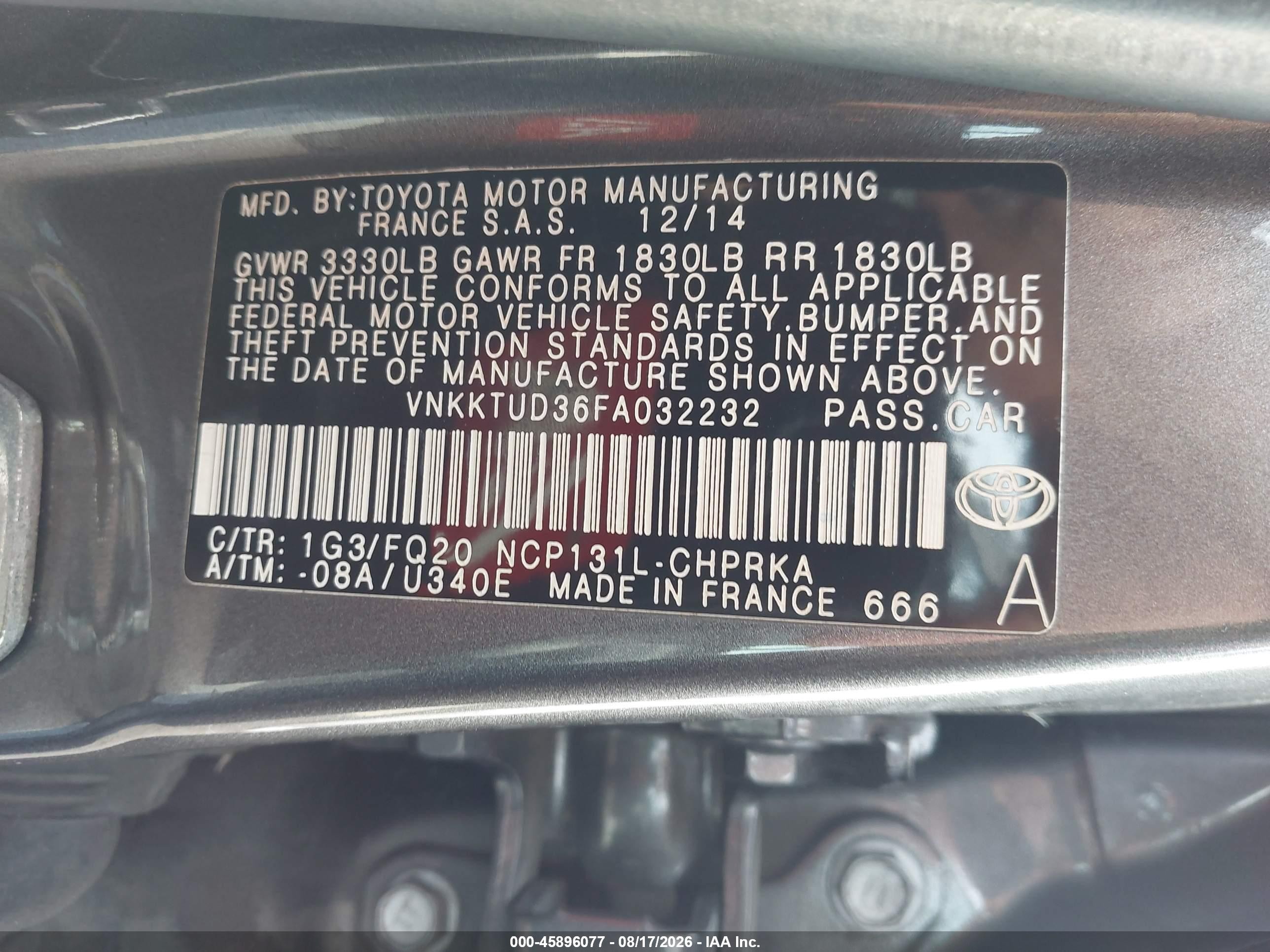 2015 Toyota Yaris L Серый vin: VNKKTUD36FA032232