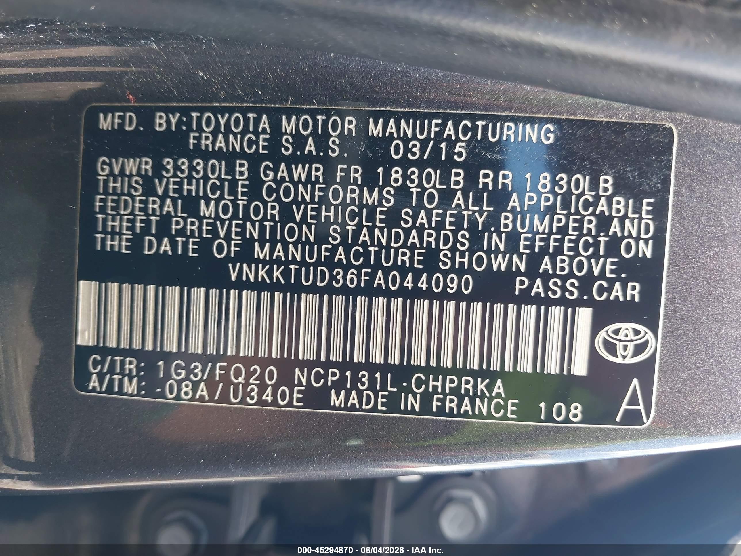 2015 Toyota Yaris L Gray vin: VNKKTUD36FA044090
