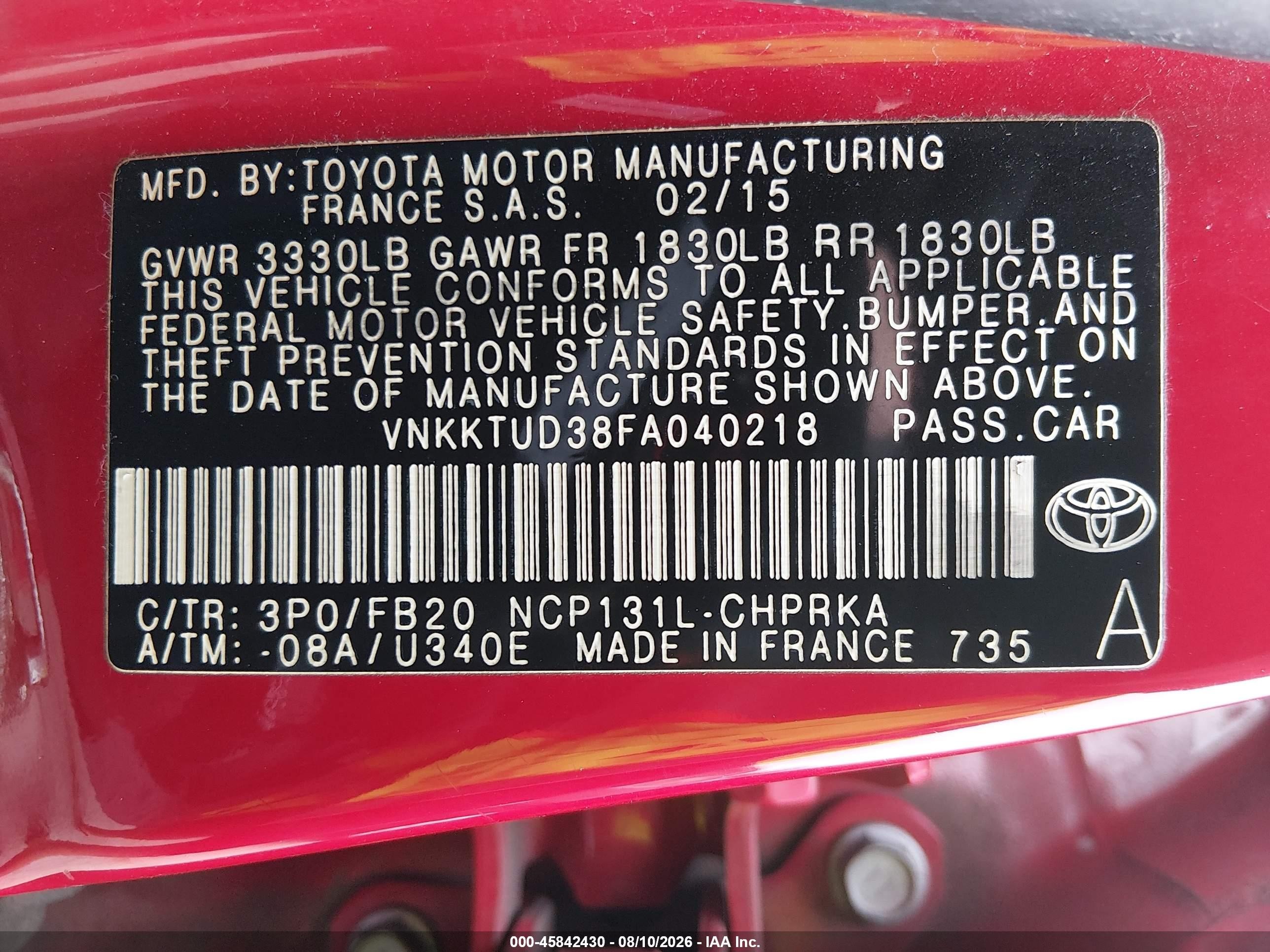 2015 Toyota Yaris Le Red vin: VNKKTUD38FA040218
