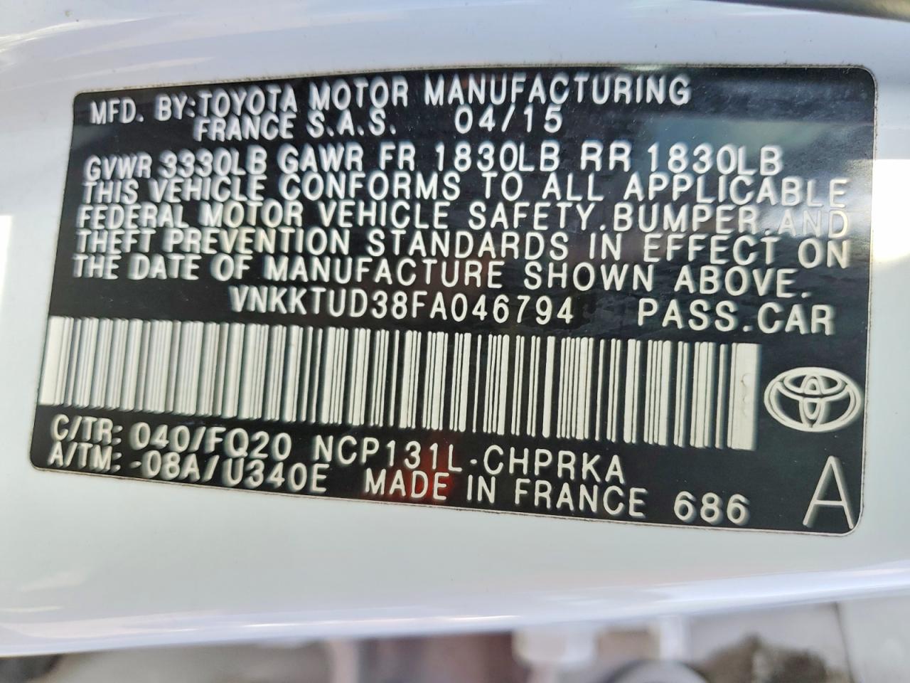 2015 Toyota Yaris White vin: VNKKTUD38FA046794