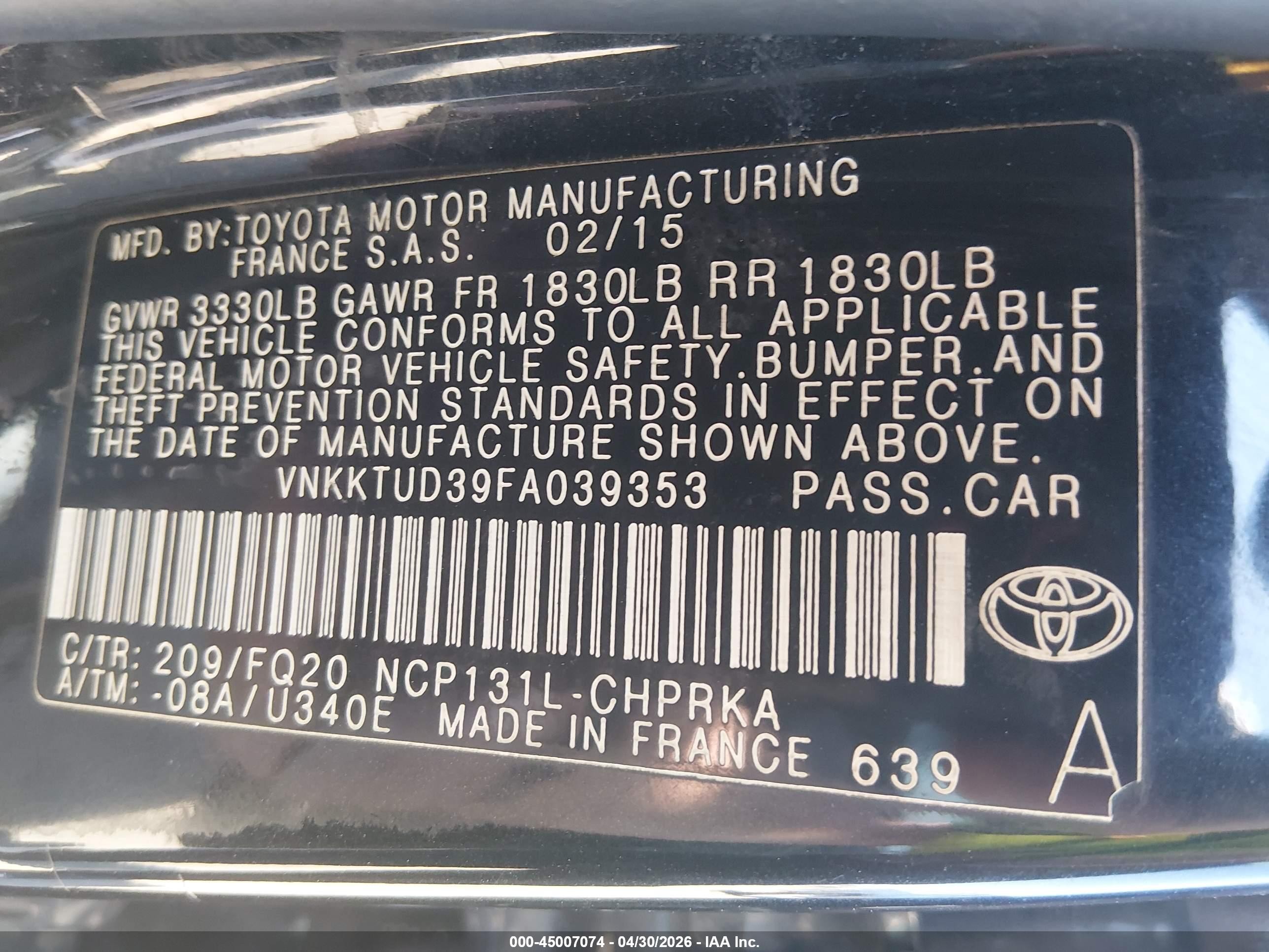 2015 Toyota Yaris L/le/se Черный vin: VNKKTUD39FA039353