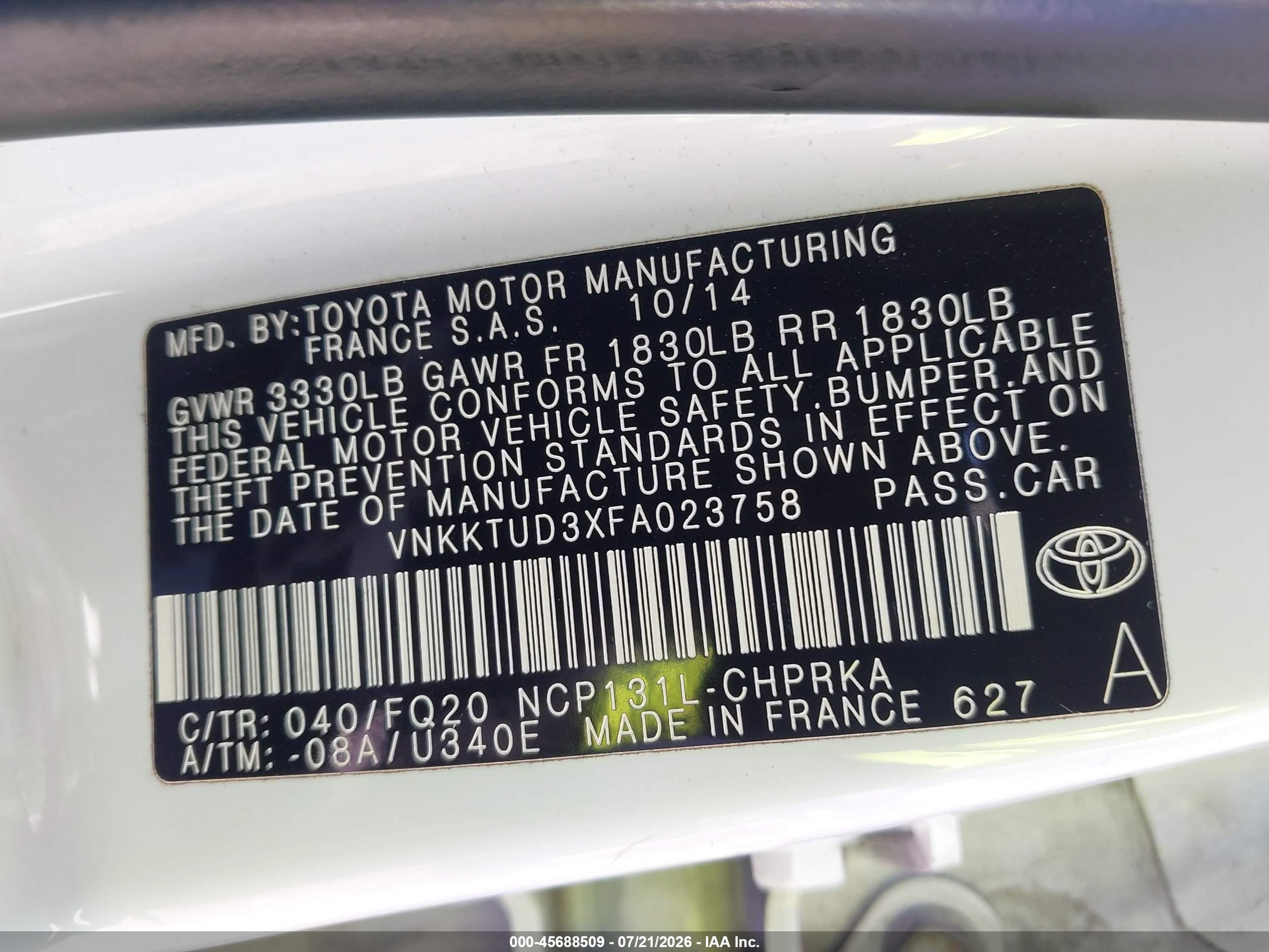 2015 Toyota Yaris L White vin: VNKKTUD3XFA023758