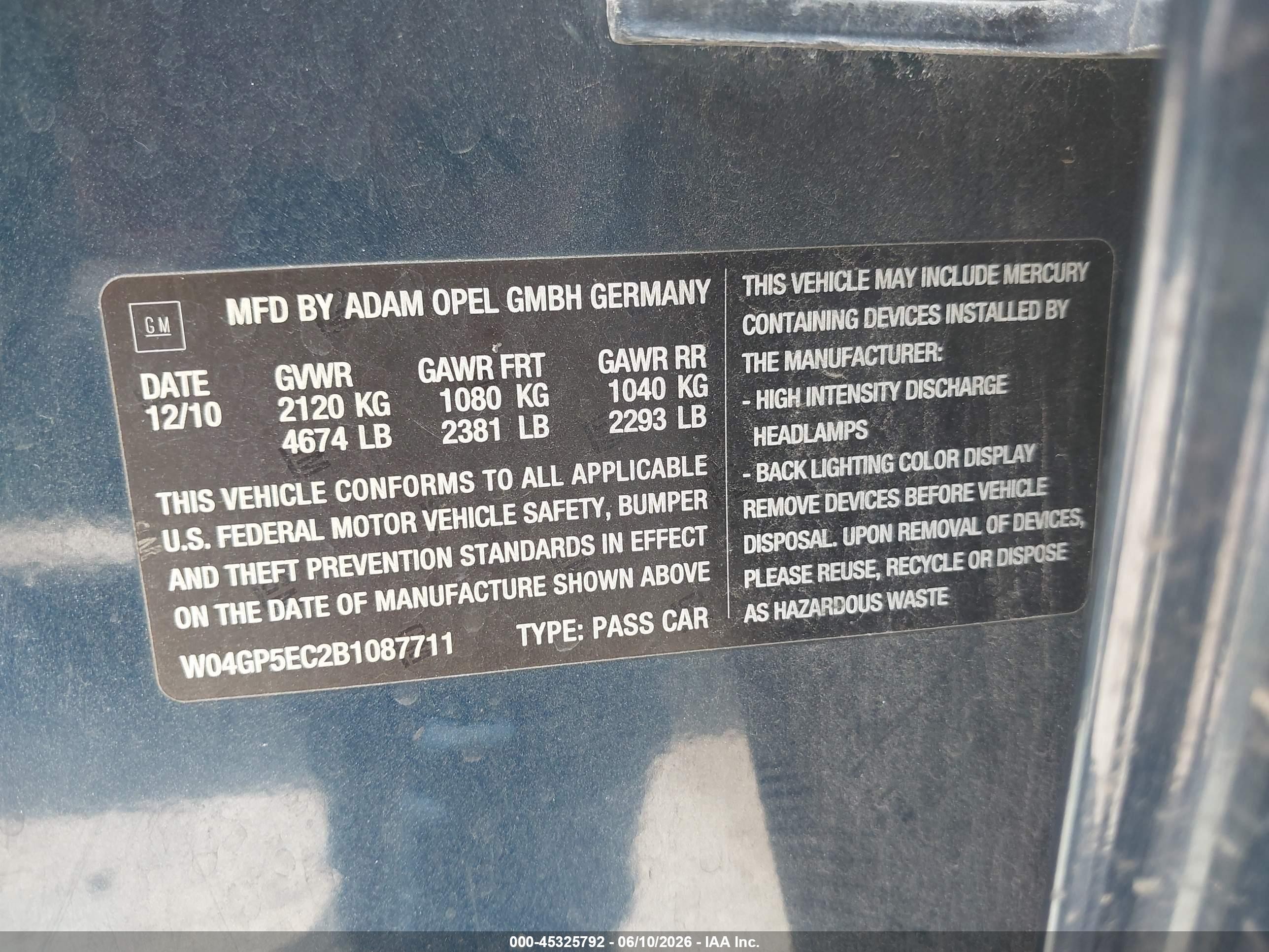 2011 Buick Regal Cxl Russelsheim Синий vin: W04GP5EC2B1087711