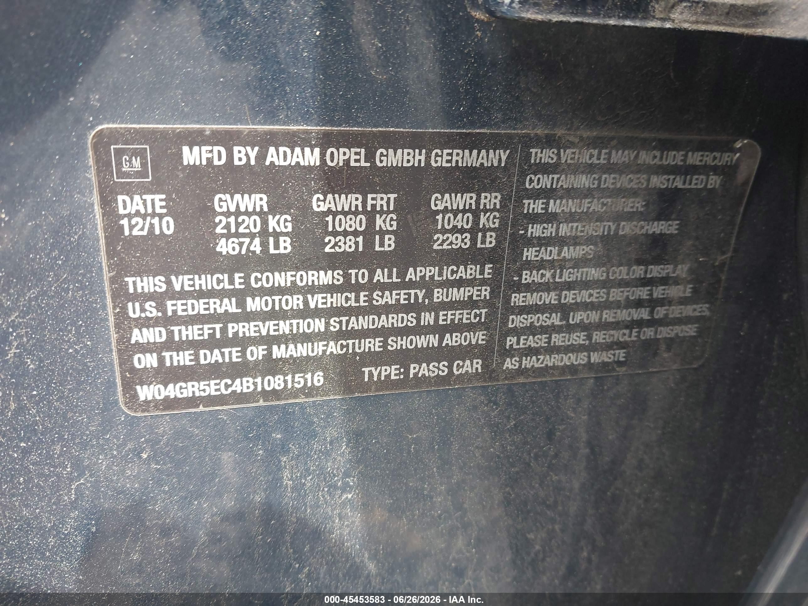 2011 Buick Regal Cxl Russelsheim Синий vin: W04GR5EC4B1081516
