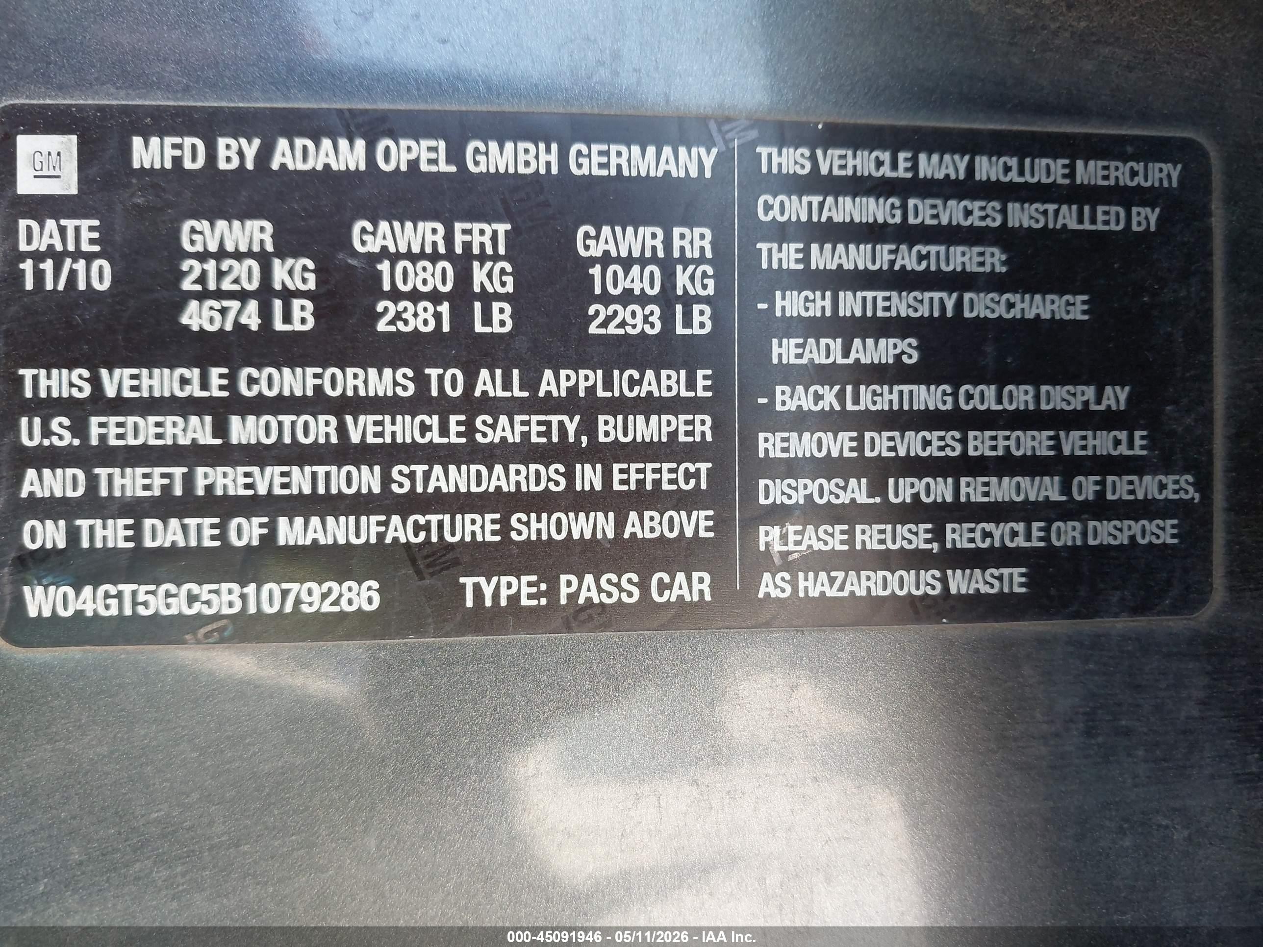 2011 Buick Regal Cxl Russelsheim Gray vin: W04GT5GC5B1079286