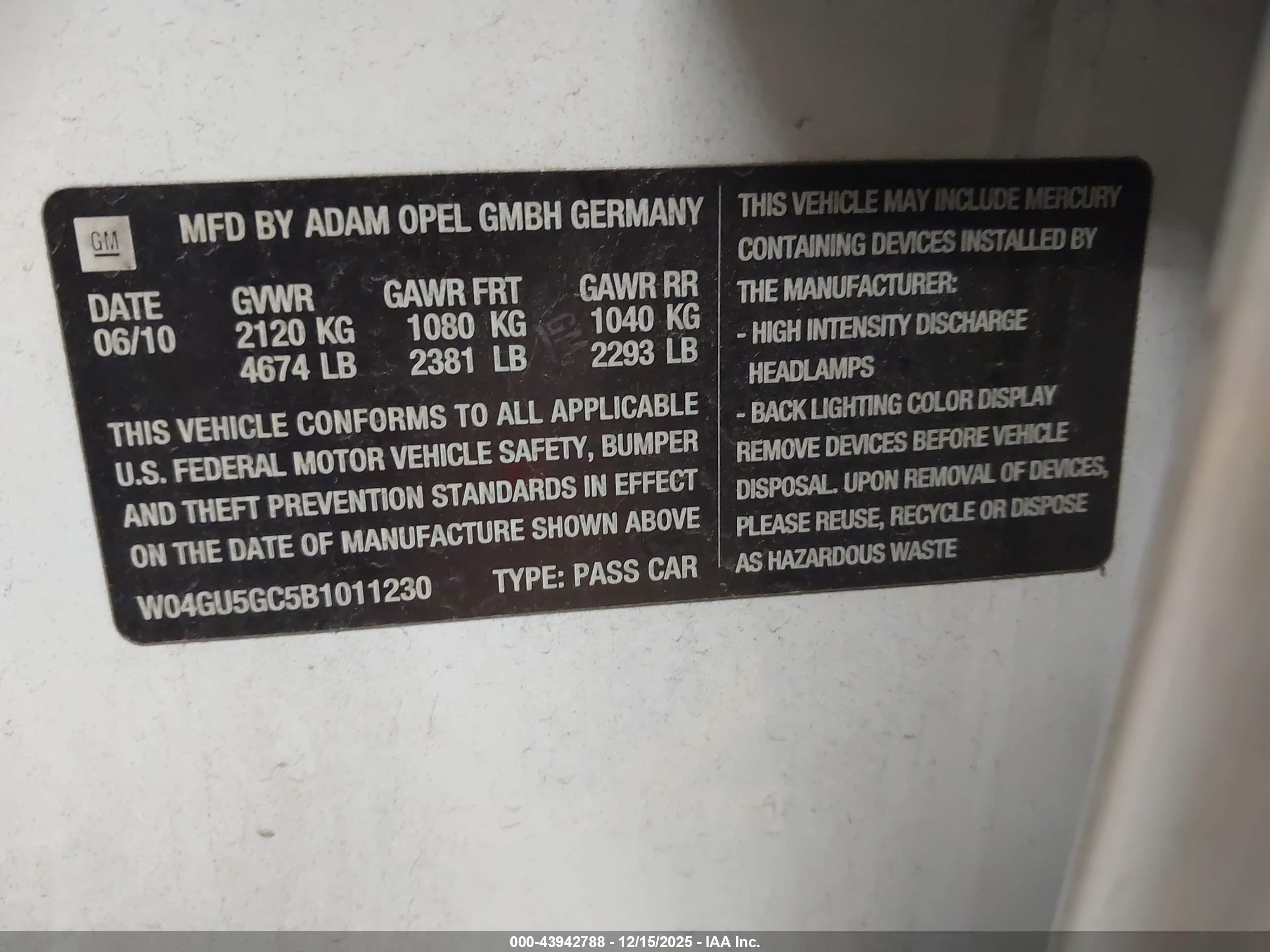 2011 Buick Regal Cxl Russelsheim White vin: W04GU5GC5B1011230