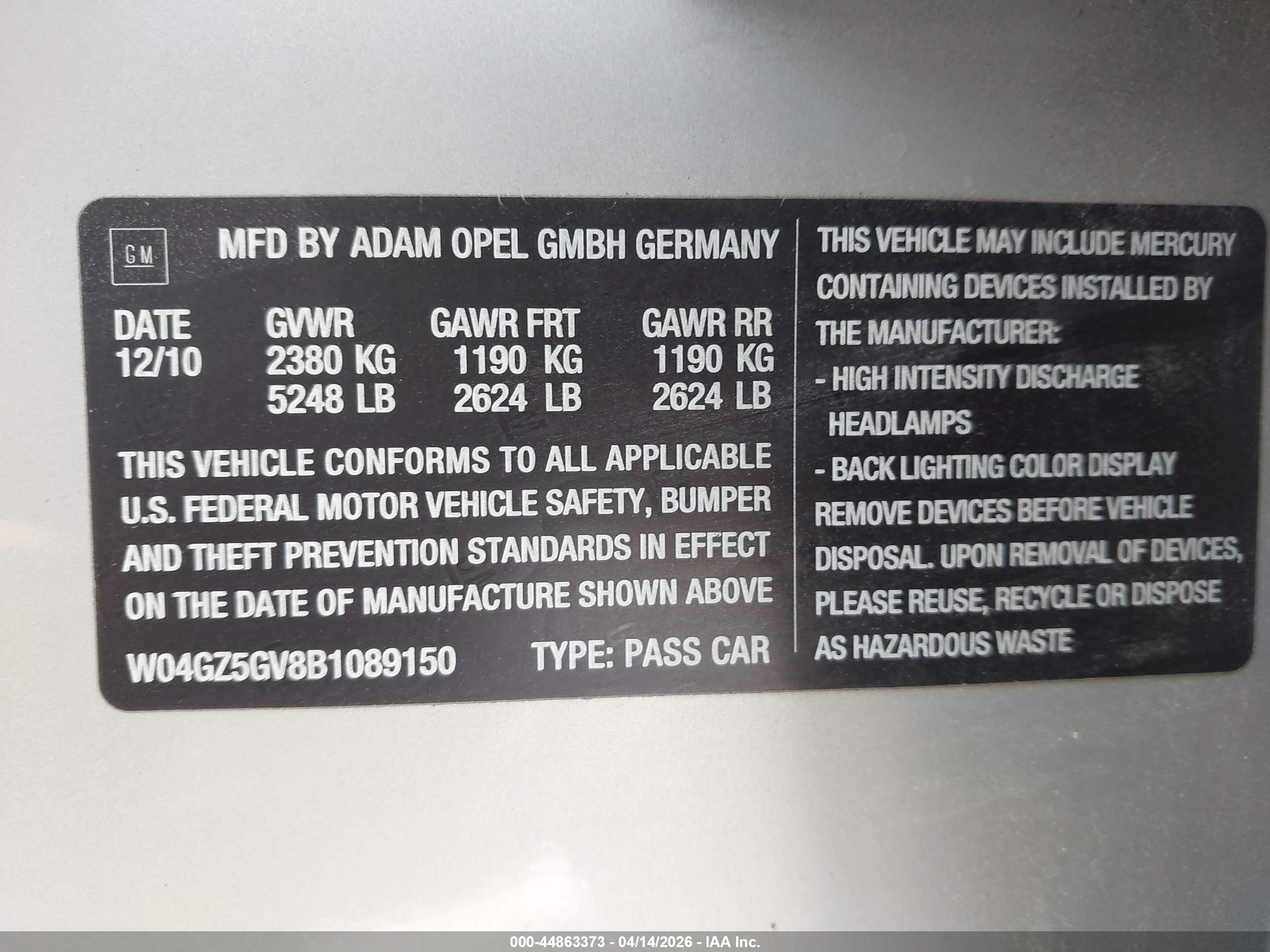 2011 Buick Regal Cxl Turbo Russelsheim Silver vin: W04GZ5GV8B1089150