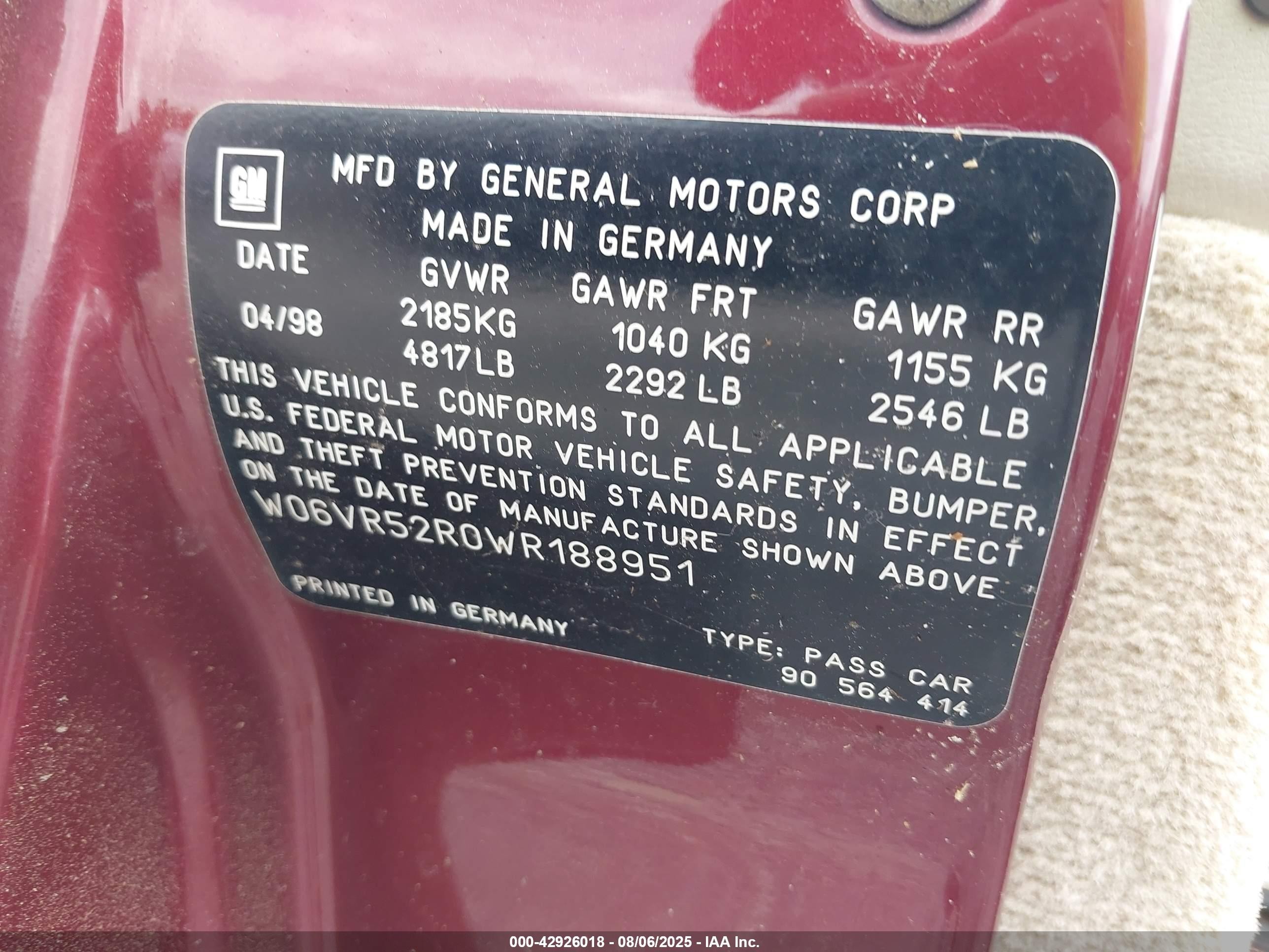 1998 Cadillac Catera Standard Burgundy vin: W06VR52R0WR188951