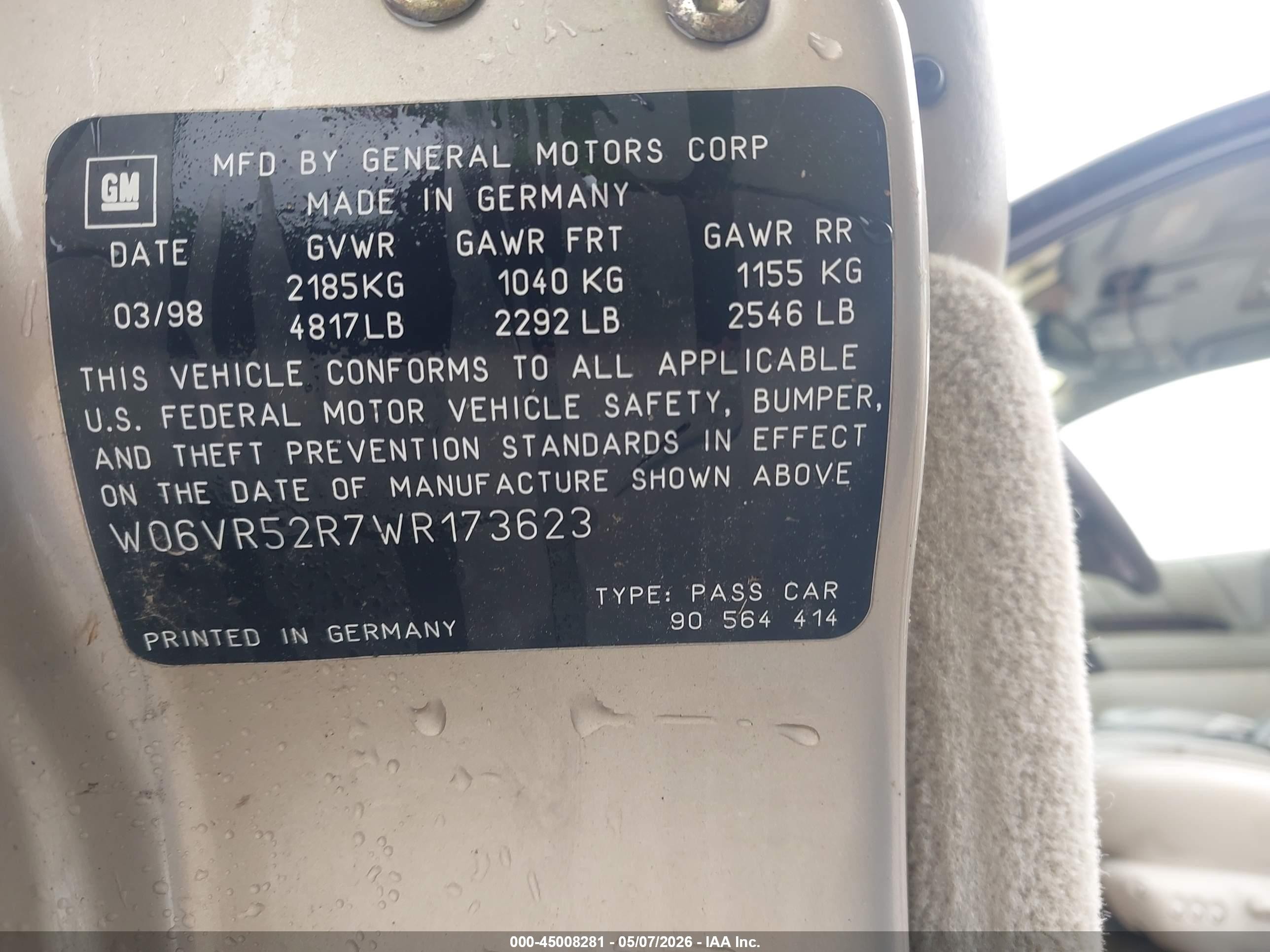 1998 Cadillac Catera Standard Gold vin: W06VR52R7WR173623