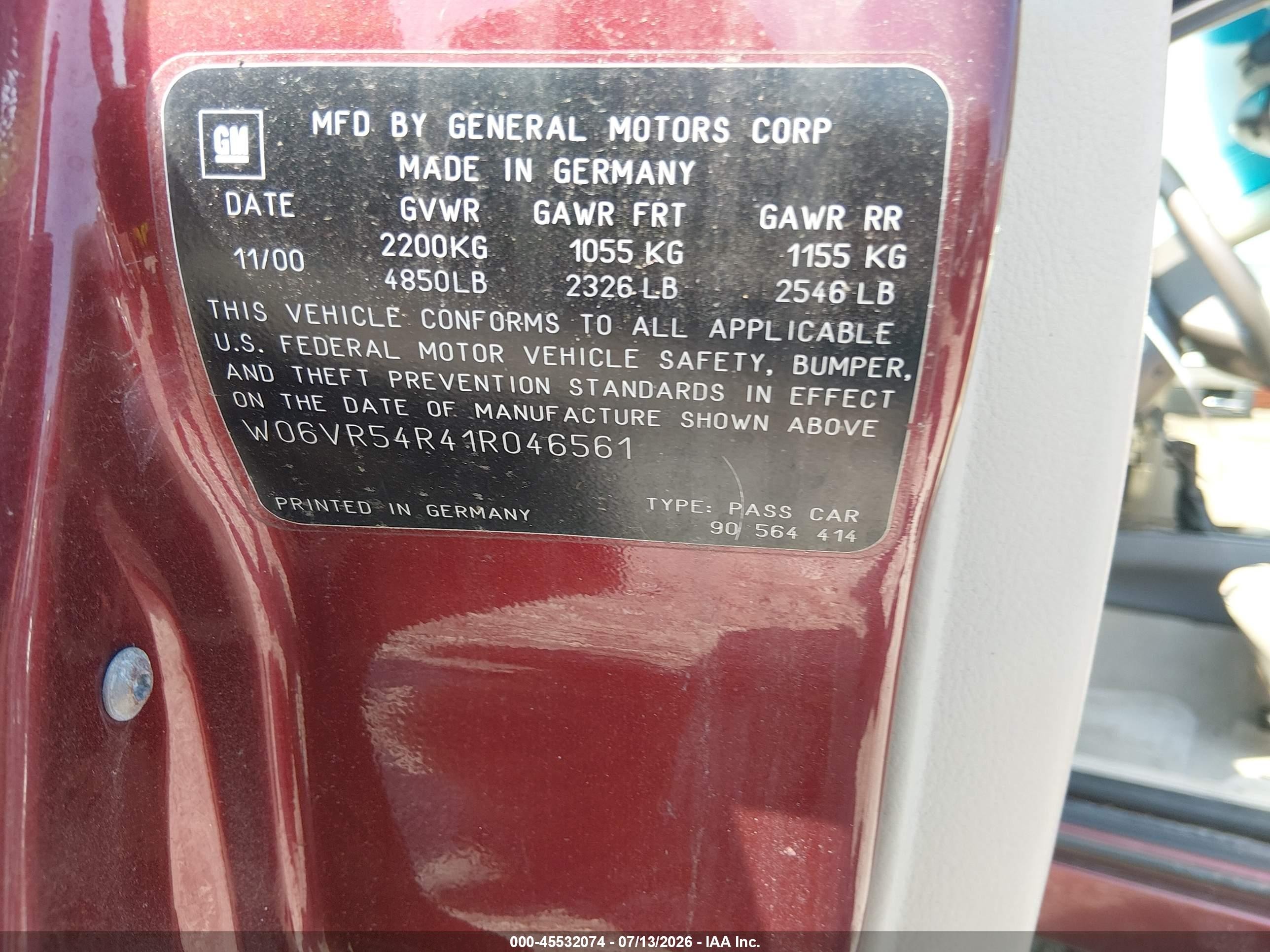 2001 Cadillac Catera Standard Red vin: W06VR54R41R046561