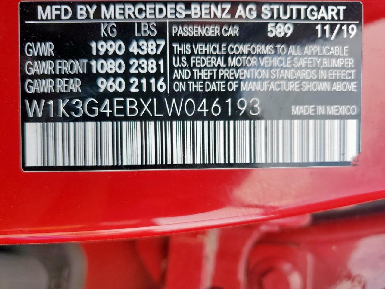 2020 Mercedes-benz A 220 Red vin: W1K3G4EBXLW046193