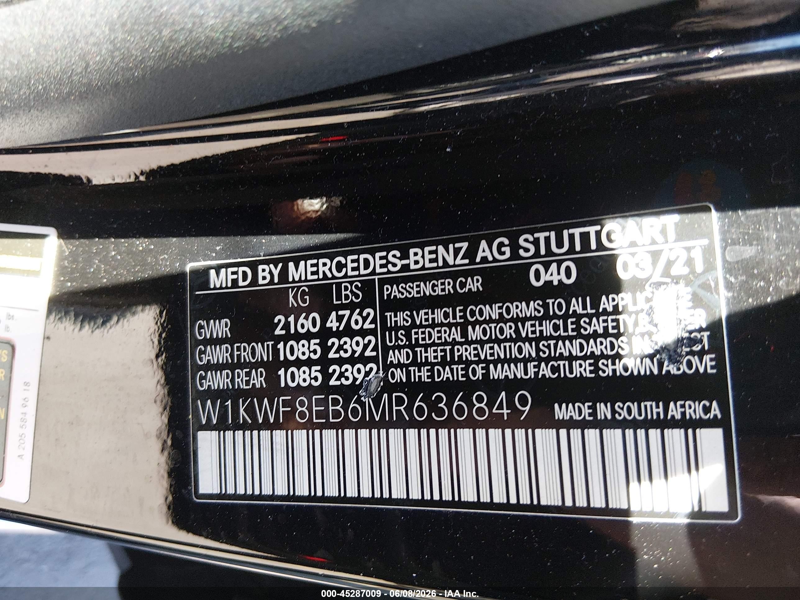 2021 Mercedes-benz C 300 4matic Черный vin: W1KWF8EB6MR636849