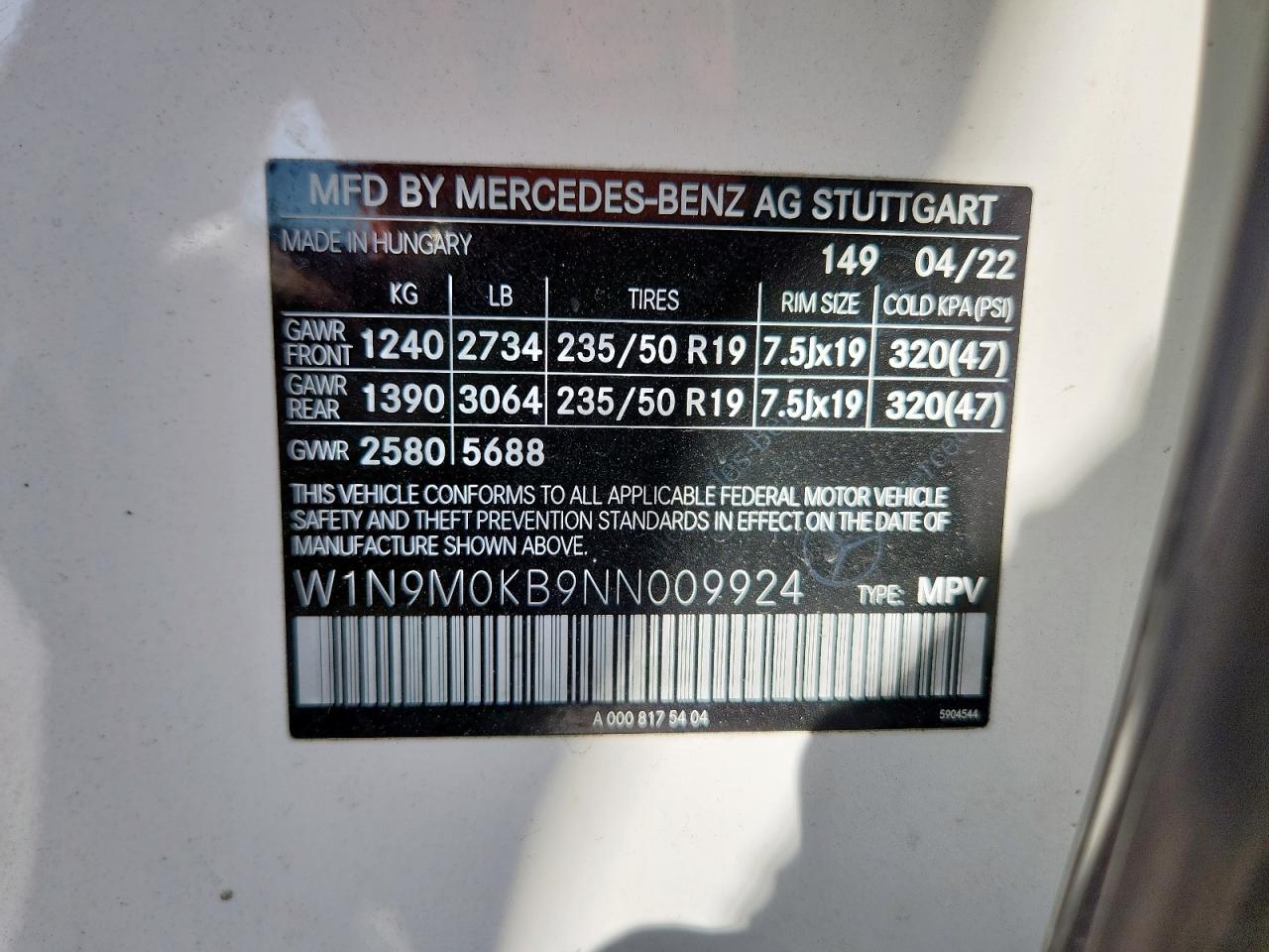 2022 Mercedes-benz Eqb 300 4matic White vin: W1N9M0KB9NN009924