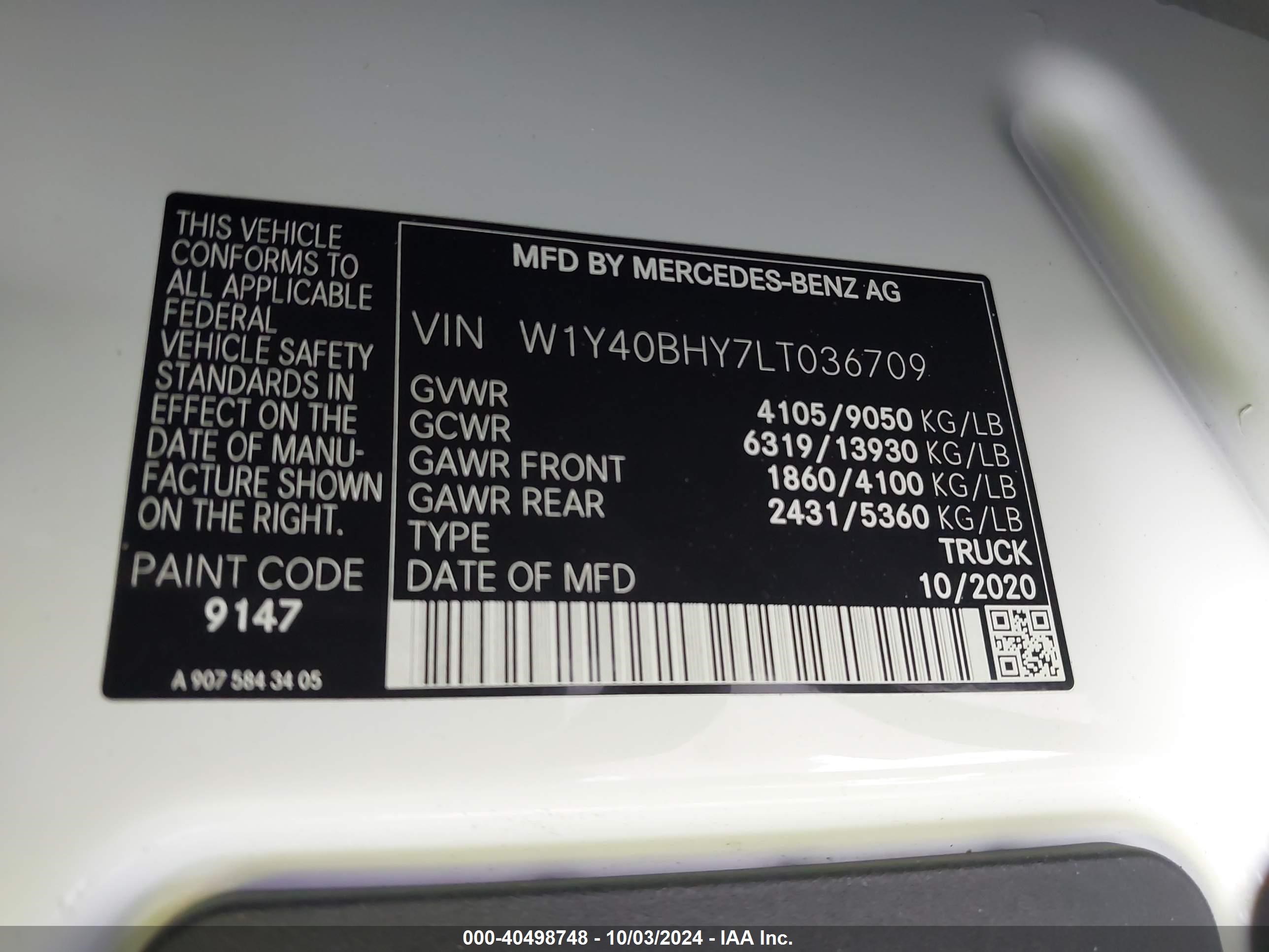2020 Mercedes-benz Sprinter 2500 Standard Roof I4 White vin: W1Y40BHY7LT036709