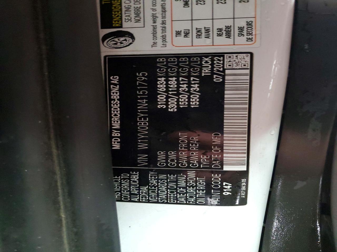 2022 Mercedes-benz Metris White vin: W1YV0BEY1N4151795