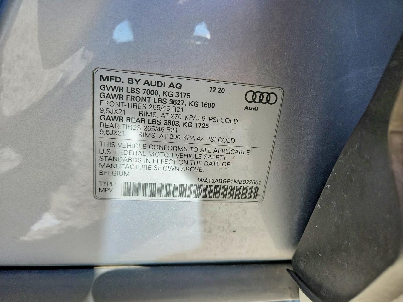 2021 Audi E-tron Sportback Prestige Серебряный vin: WA13ABGE1MB022651