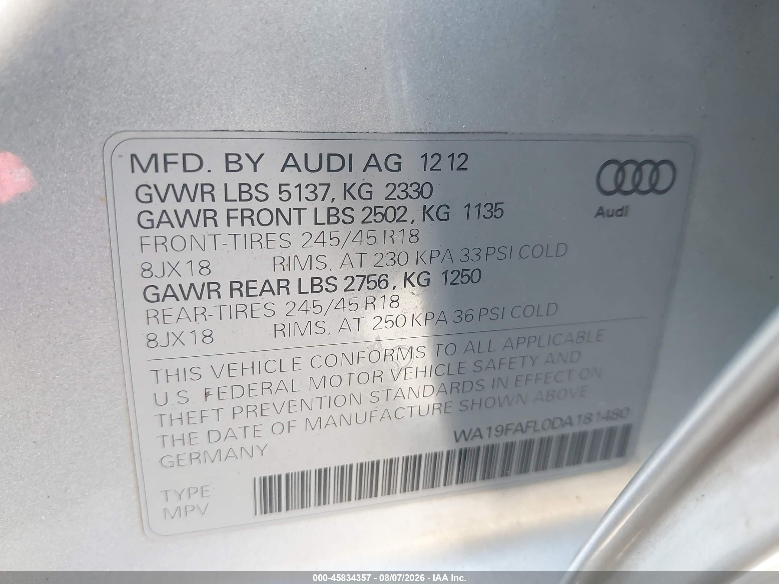 2013 Audi Allroad 2.0t Premium Silver vin: WA19FAFL0DA181480