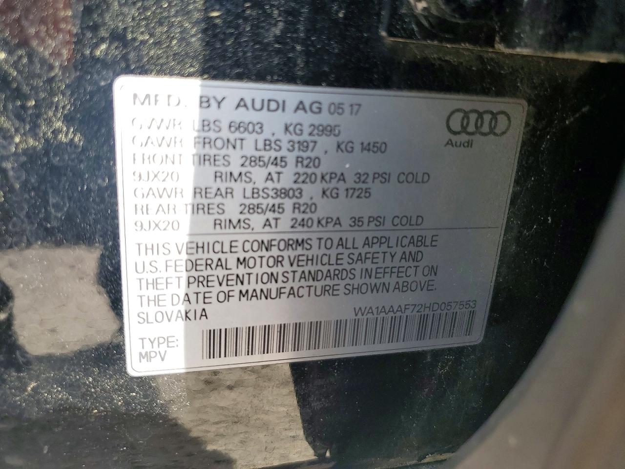 2017 Audi Q7 Premium Black vin: WA1AAAF72HD057553
