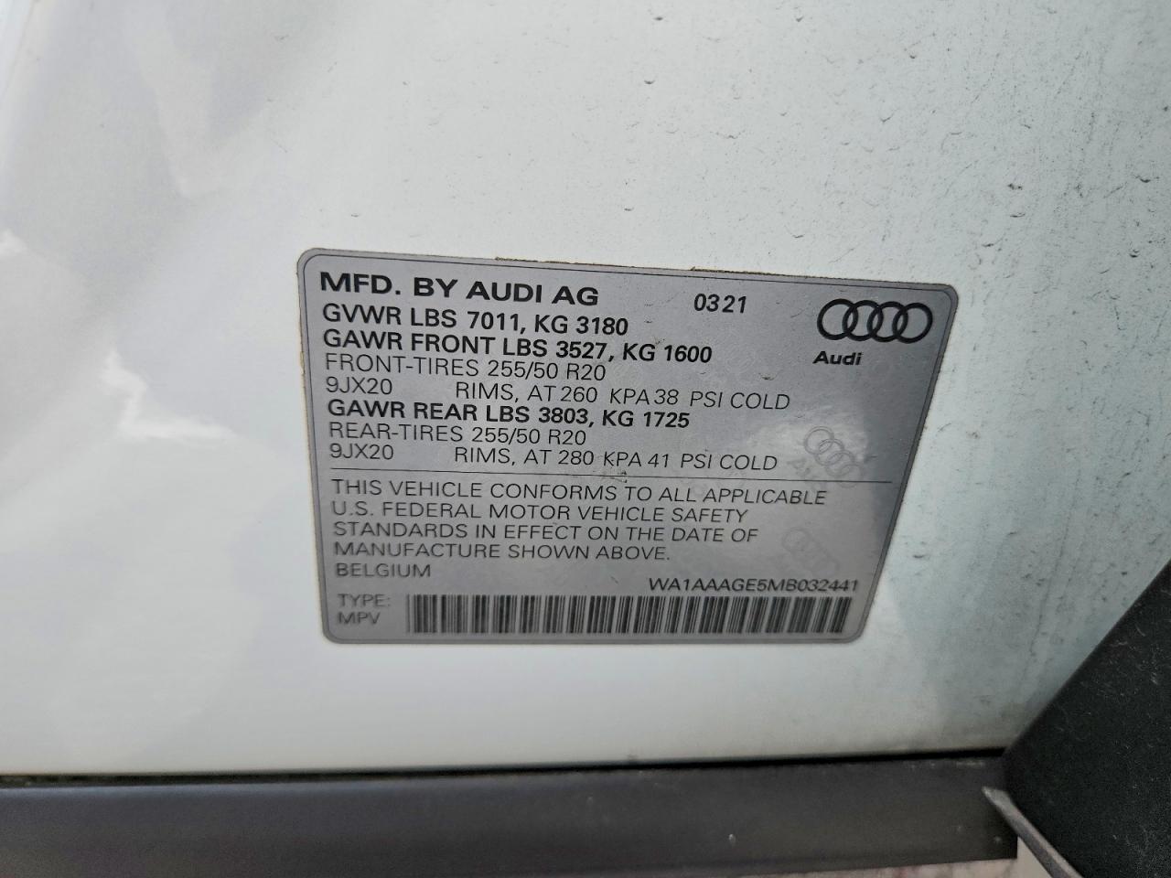 2021 Audi E-tron Premium White vin: WA1AAAGE5MB032441