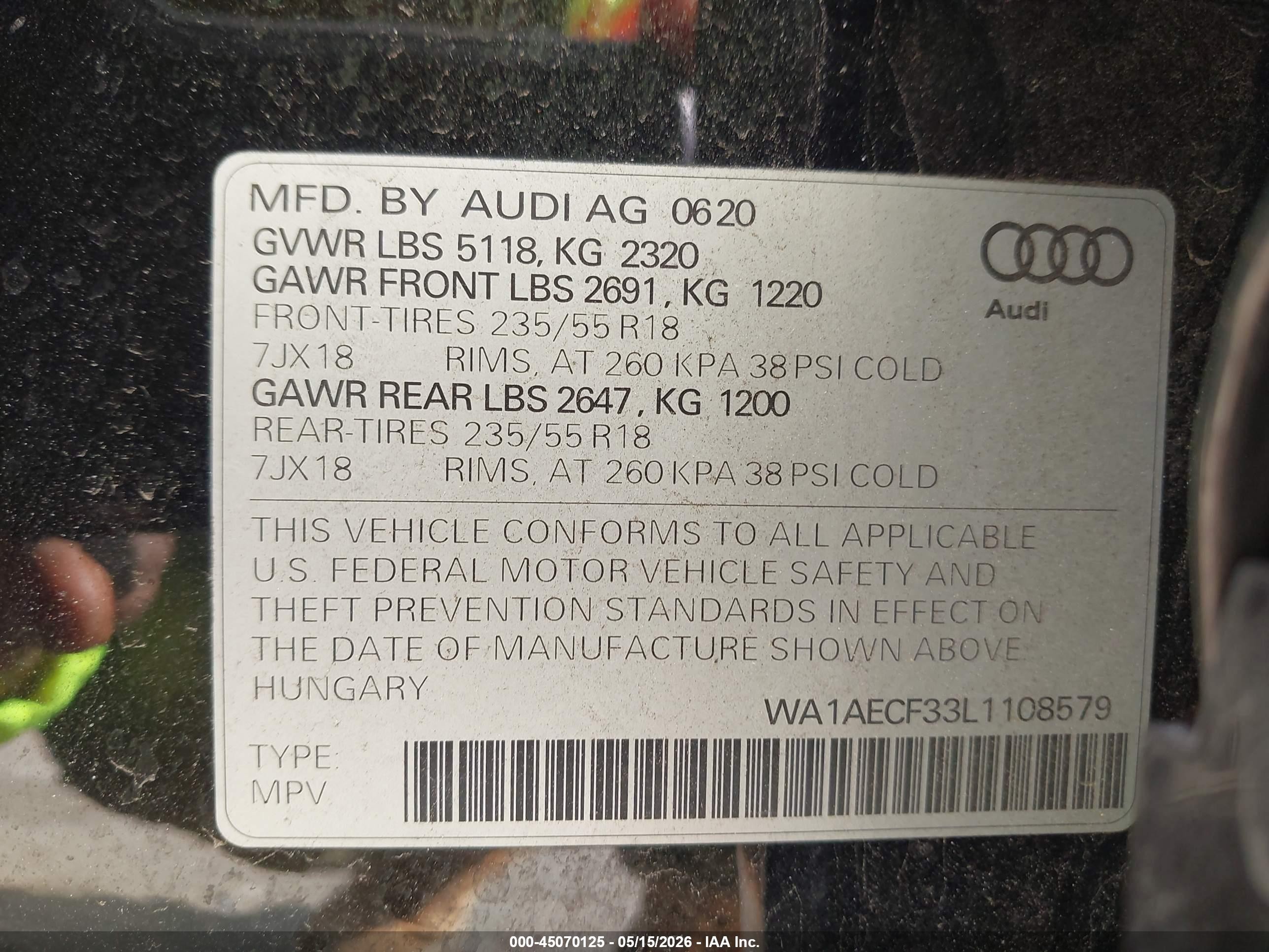 2020 Audi Q3 Premium 45 Tfsi Quattro Tiptronic Black vin: WA1AECF33L1108579