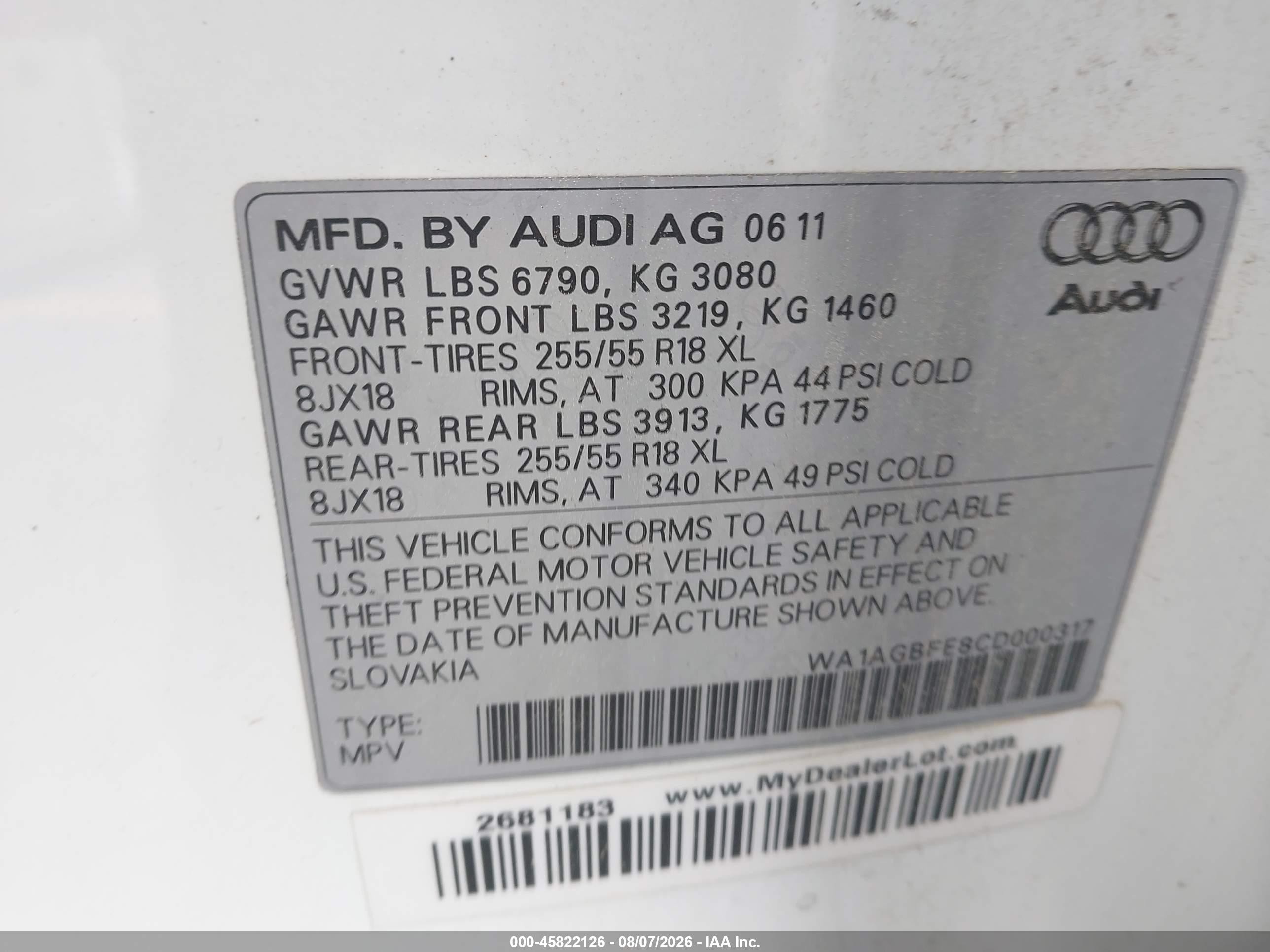 2012 Audi Q7 3.0t Premium White vin: WA1AGBFE8CD000317