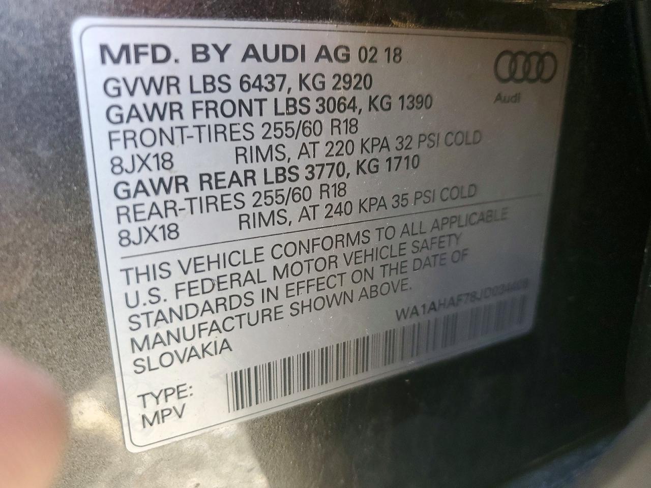 2018 Audi Q7 Premium Gray vin: WA1AHAF78JD034408