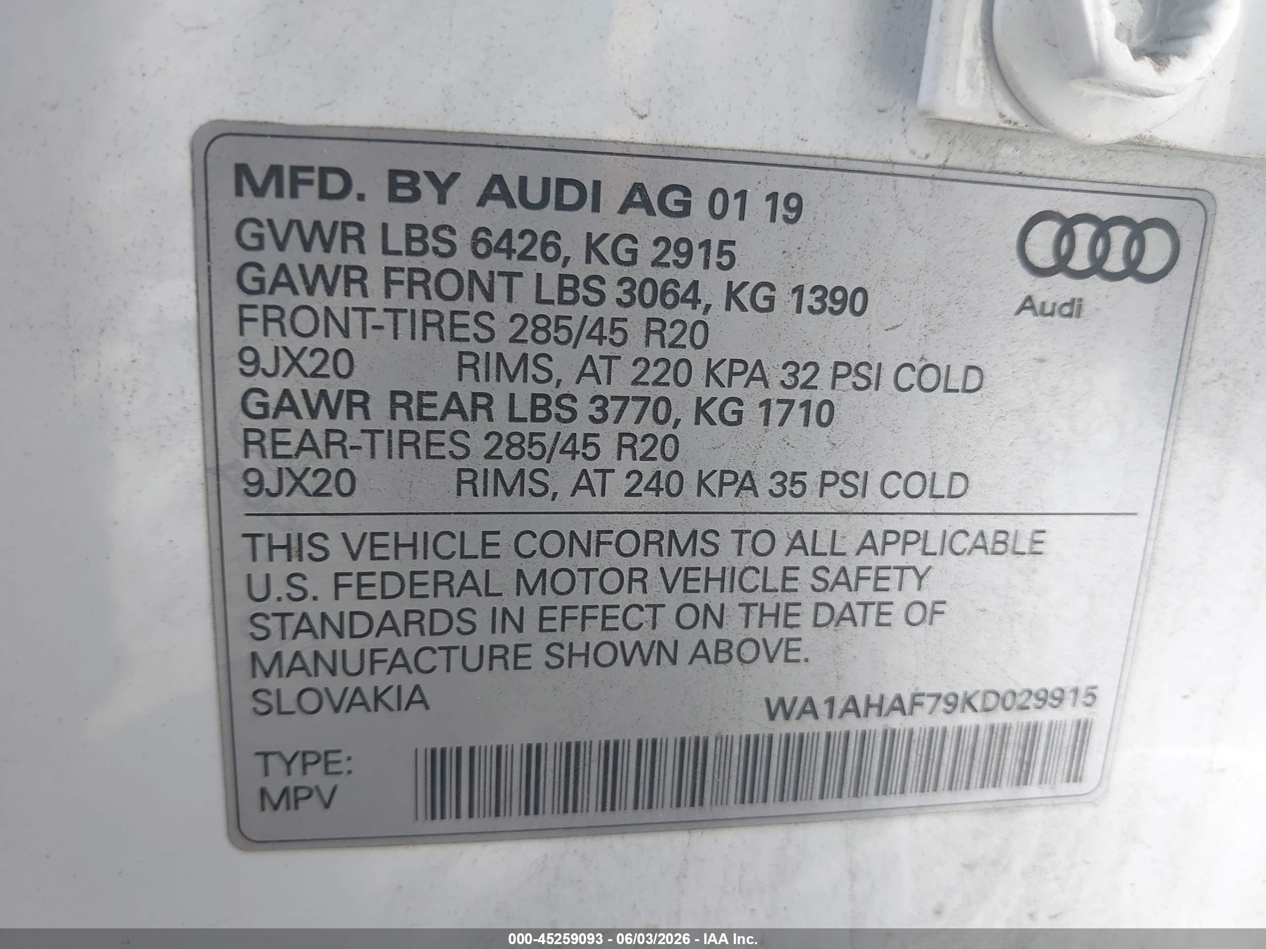 2019 Audi Q7 45 Premium/45 Se Premium Белый vin: WA1AHAF79KD029915