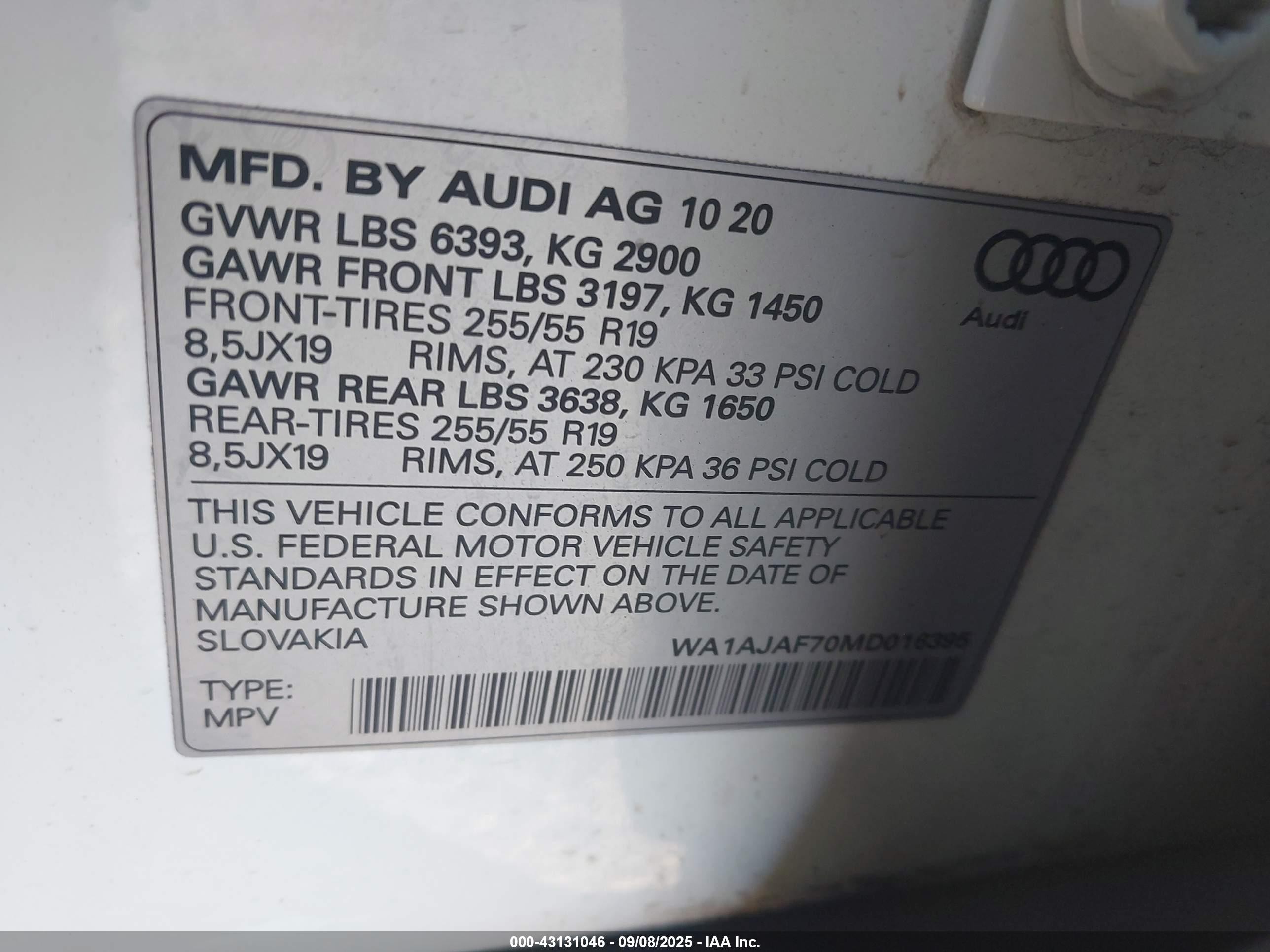 2021 Audi Q7 Premium 45 Tfsi Quattro Tiptronic Белый vin: WA1AJAF70MD016395