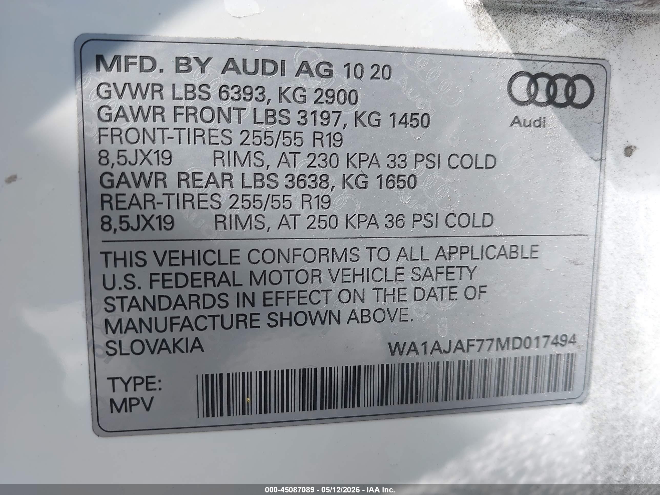 2021 Audi Q7 Premium 45 Tfsi Quattro Tiptronic White vin: WA1AJAF77MD017494