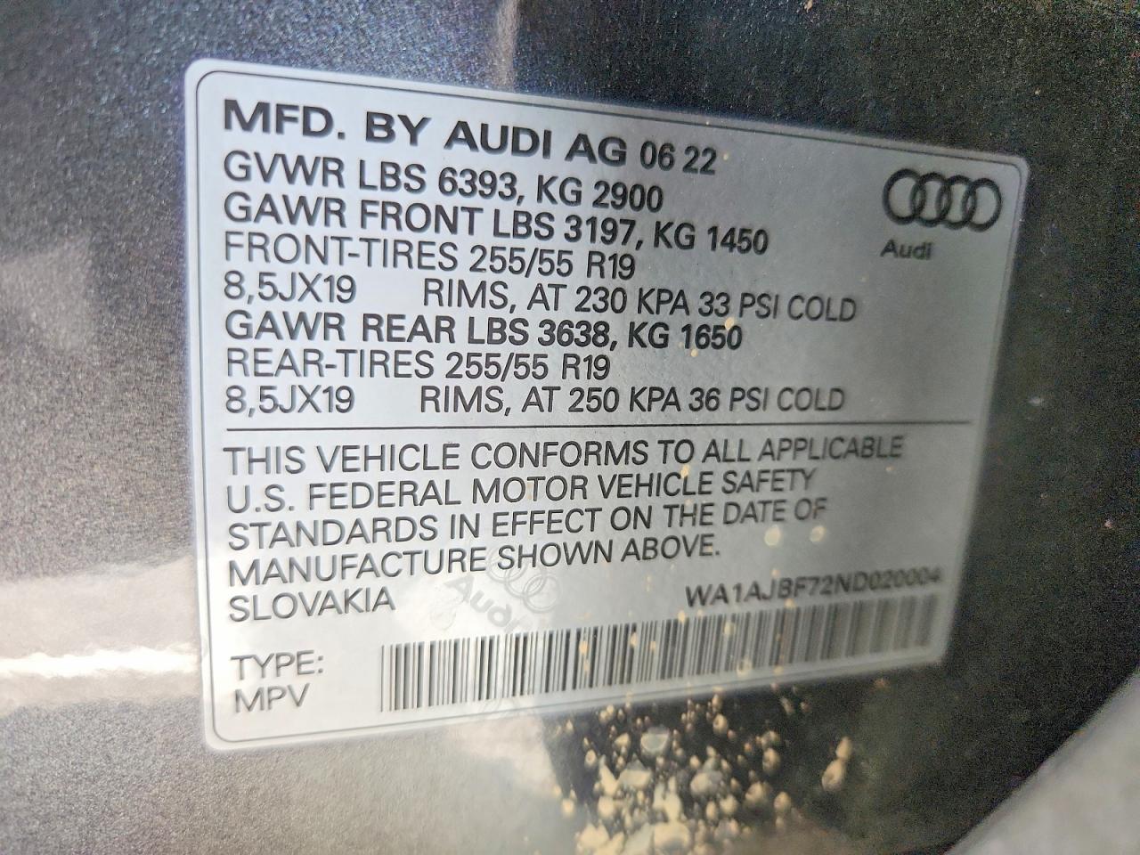 2022 Audi Q7 Premium Charcoal vin: WA1AJBF72ND020004