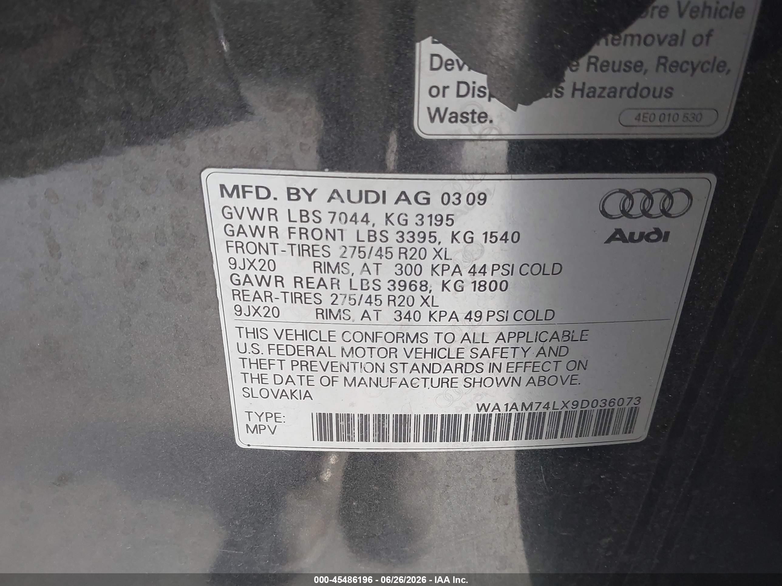 2009 Audi Q7 3.0 Tdi Gray vin: WA1AM74LX9D036073