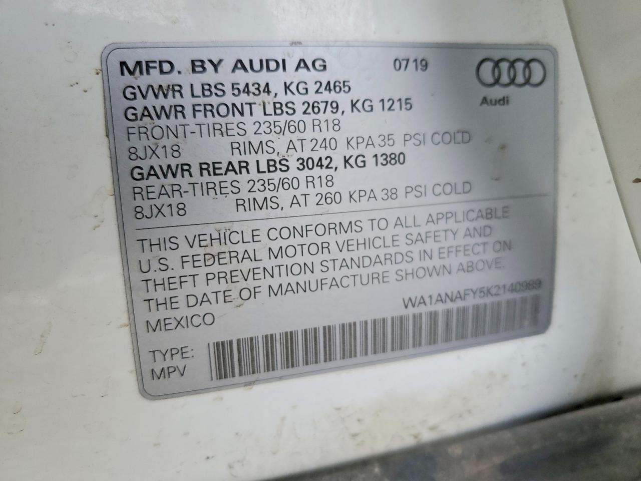 2019 Audi Q5 Premium White vin: WA1ANAFY5K2140989