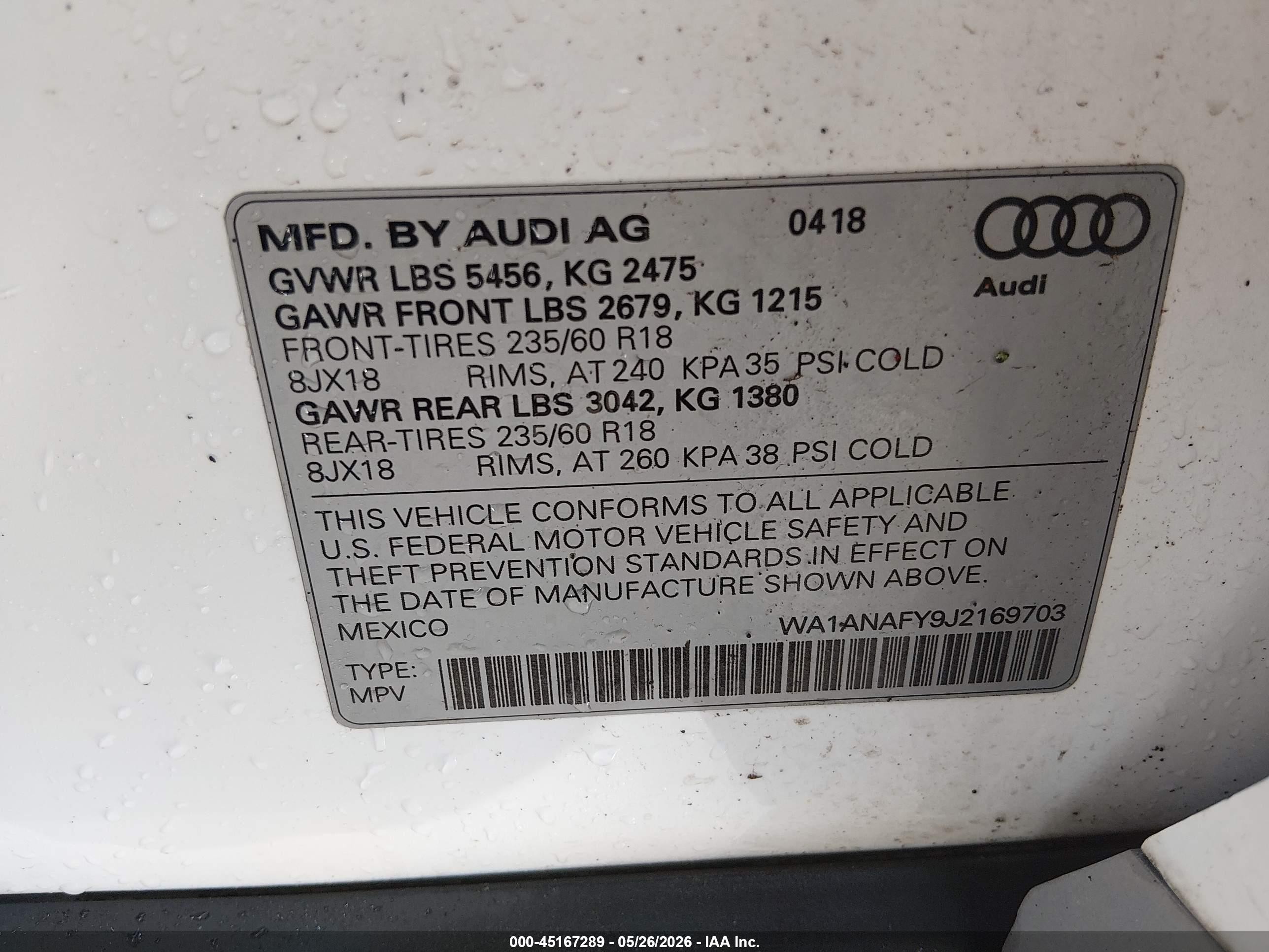 2018 Audi Q5 2.0t Premium/2.0t Tech Premium Белый vin: WA1ANAFY9J2169703