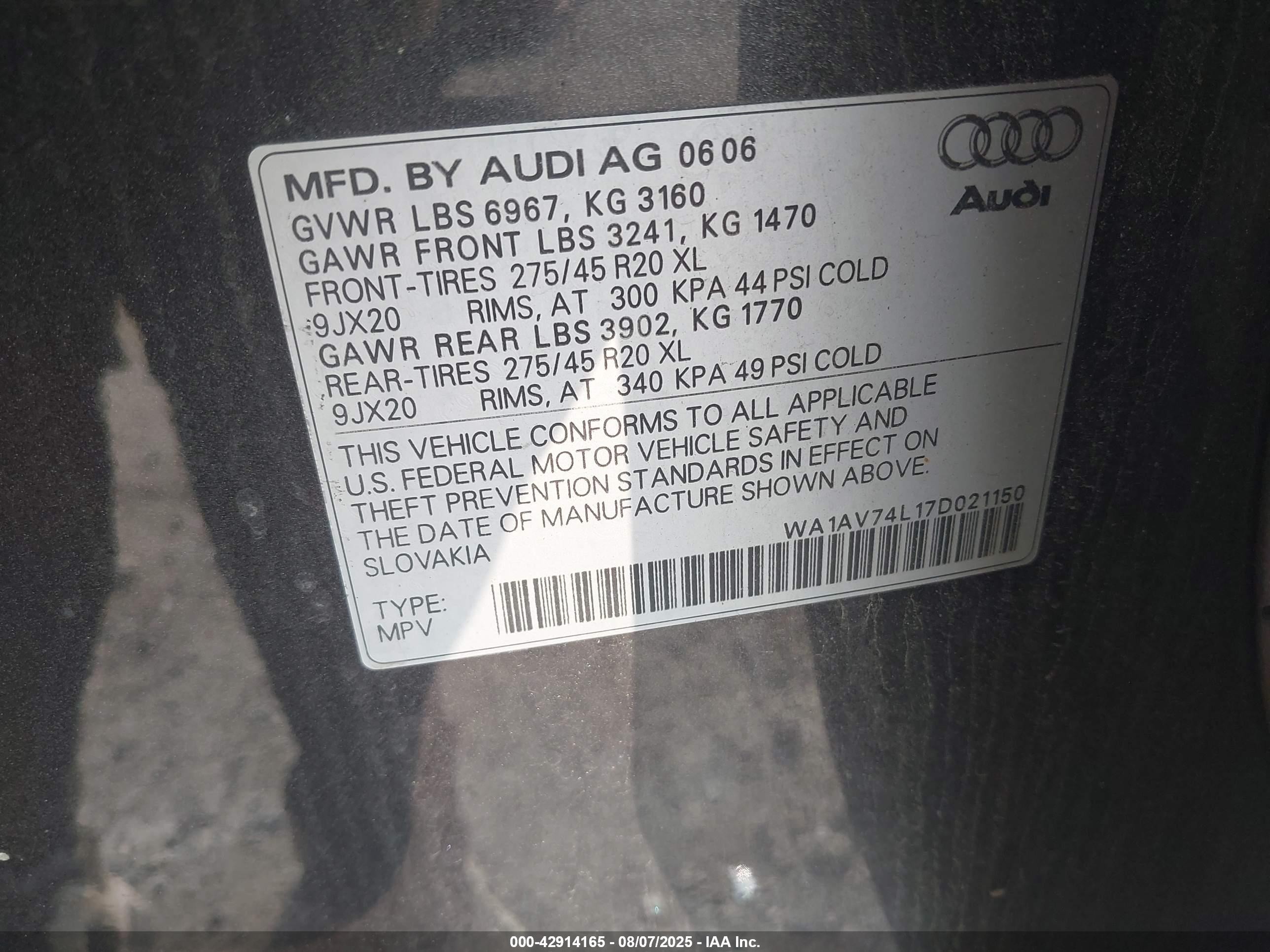 2007 Audi Q7 4.2 Gray vin: WA1AV74L17D021150