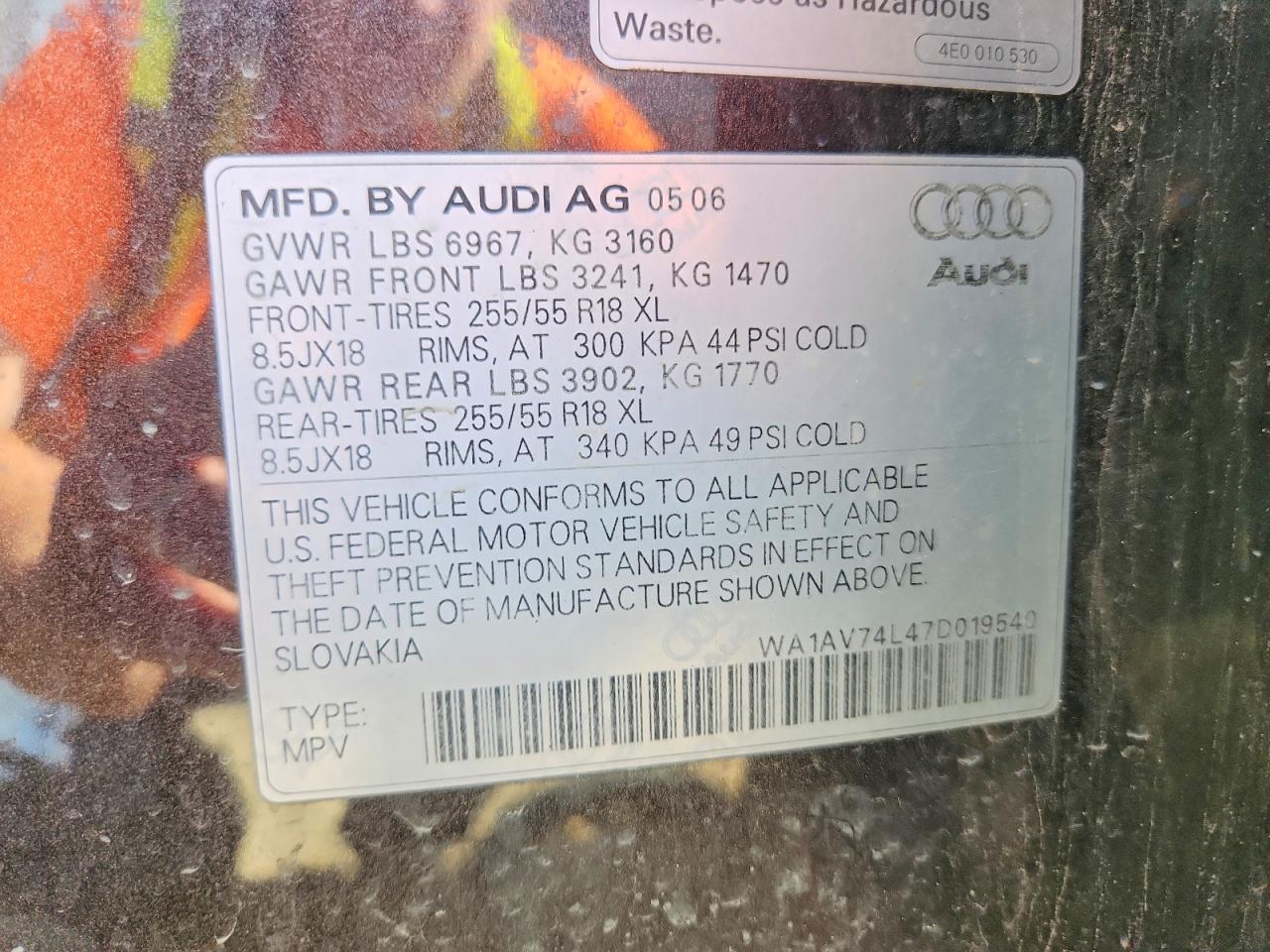 2007 Audi Q7 4.2 Quattro Серый vin: WA1AV74L47D019540