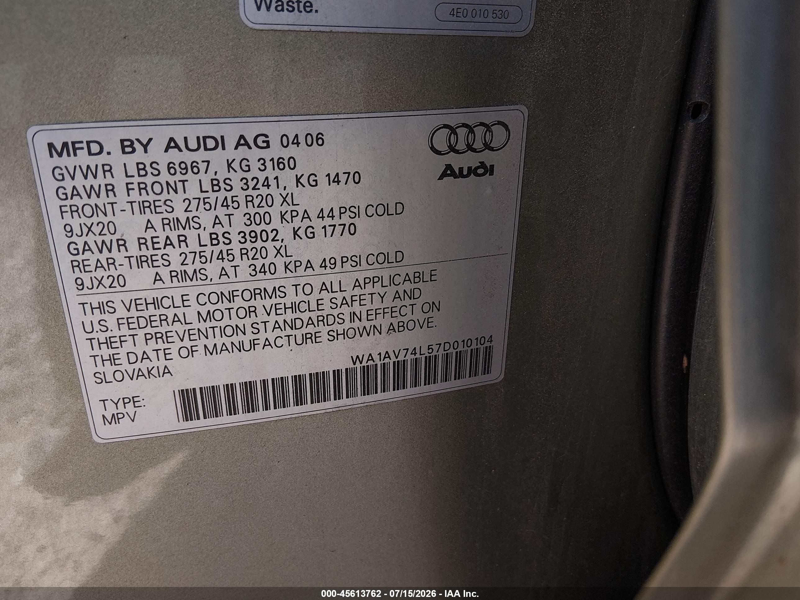 2007 Audi Q7 4.2 Green vin: WA1AV74L57D010104