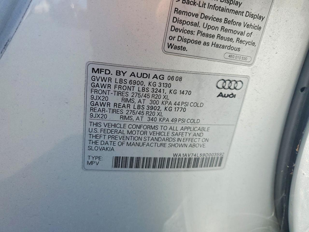 2009 Audi Q7 Prestige Silver vin: WA1AV74L59D003592