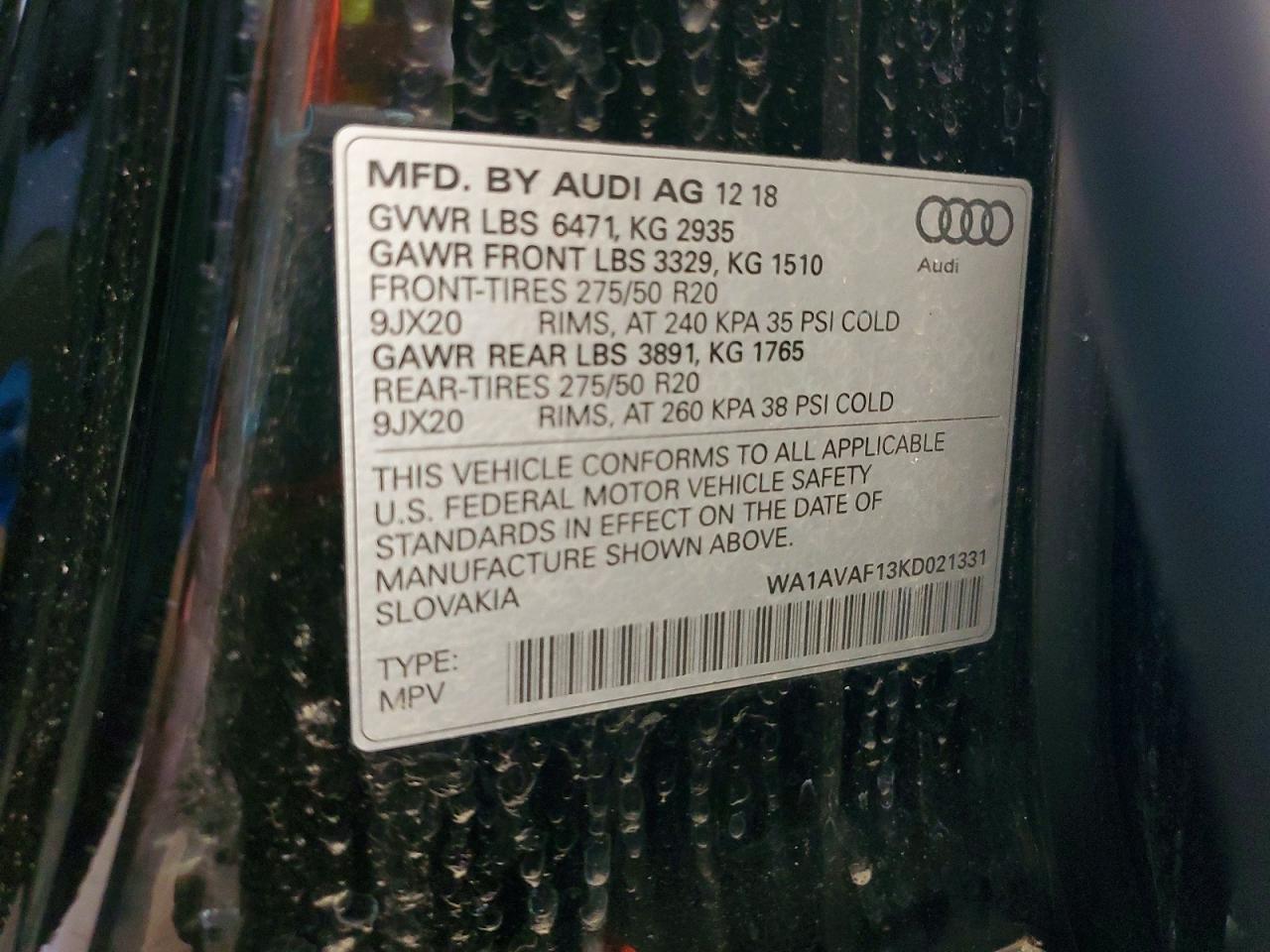 2019 Audi Q8 Premium Black vin: WA1AVAF13KD021331