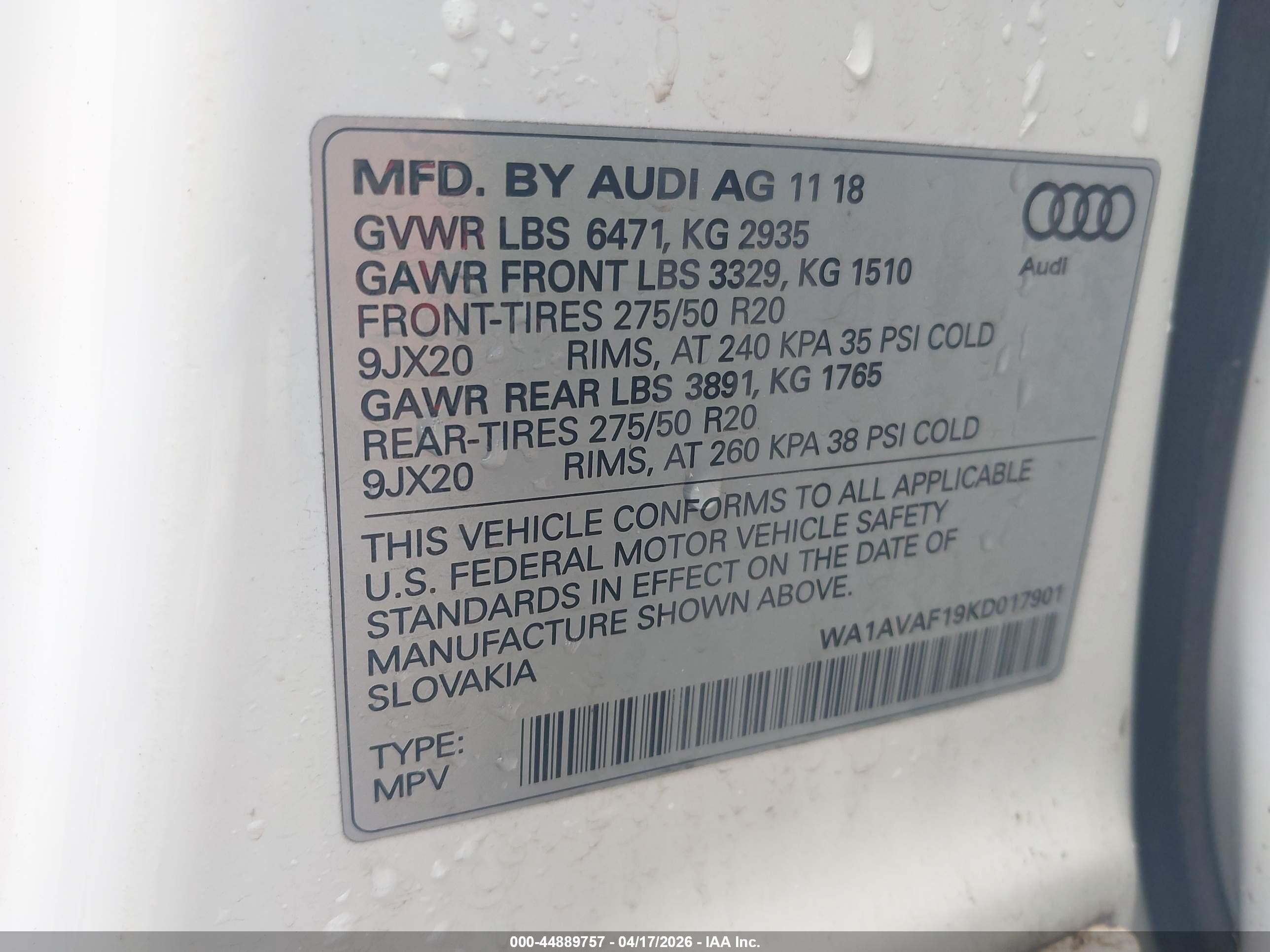 2019 Audi Q8 55 Premium White vin: WA1AVAF19KD017901