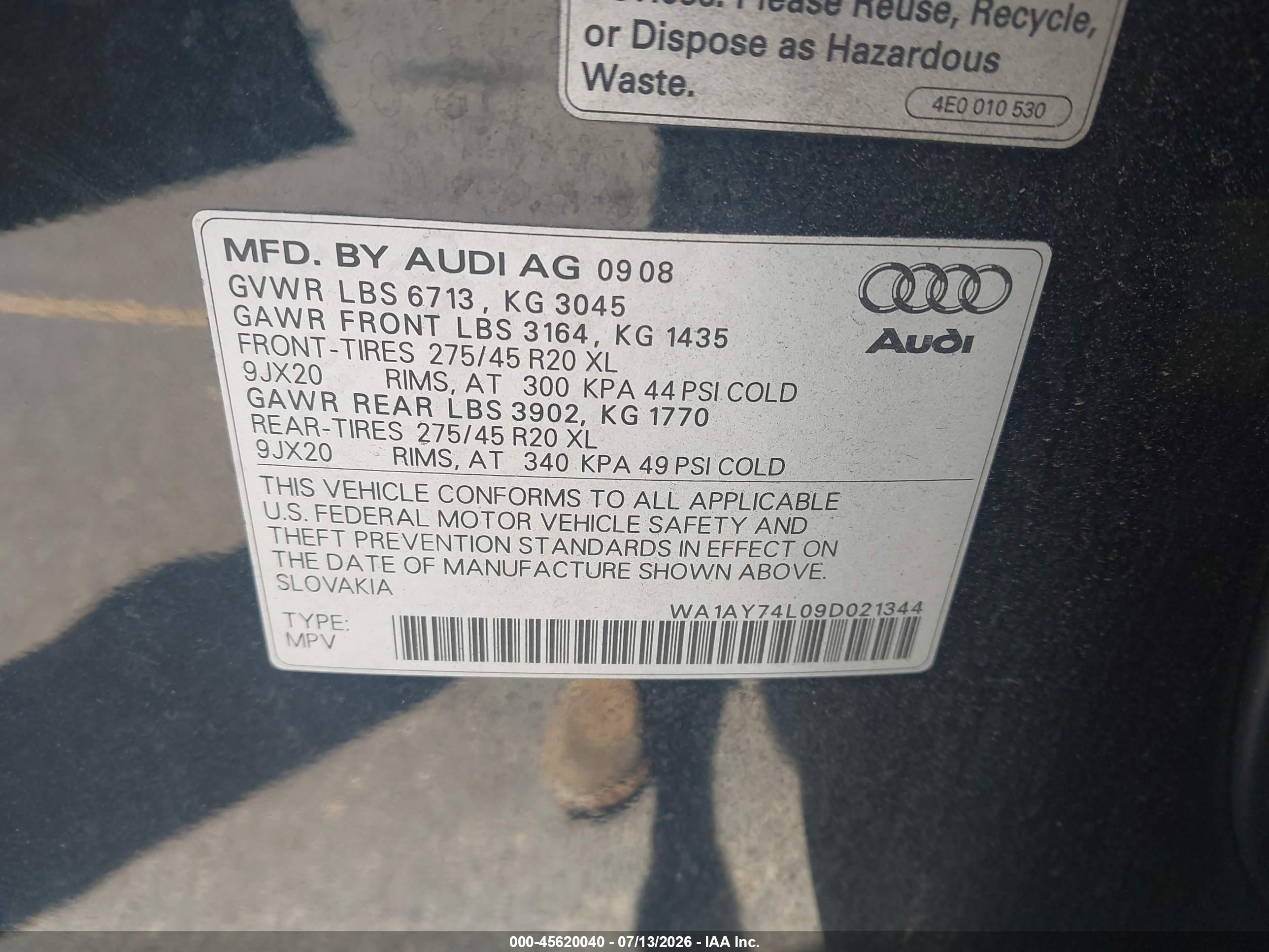 2009 Audi Q7 3.6 Premium Gray vin: WA1AY74L09D021344