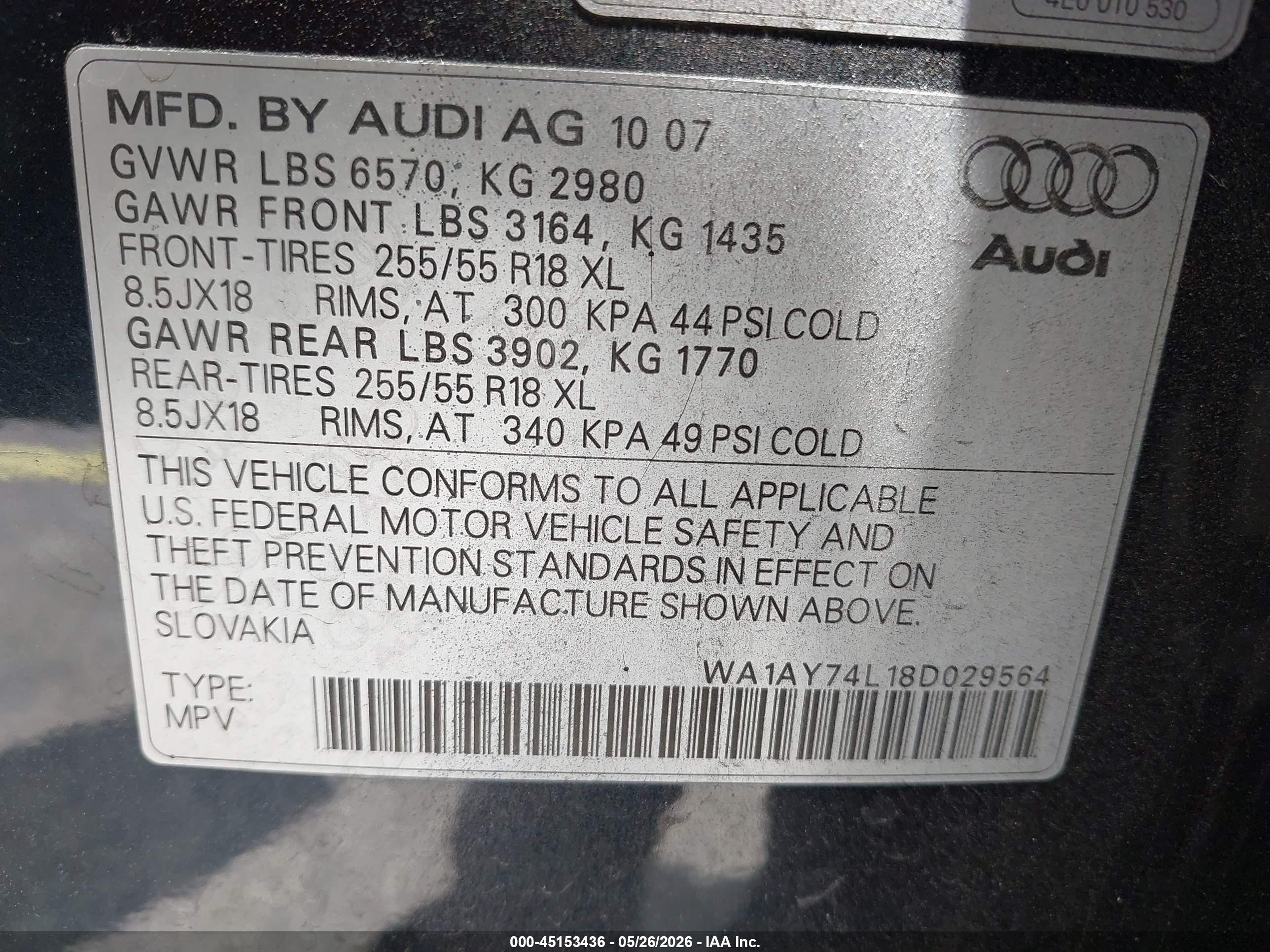 2008 Audi Q7 3.6 Blue vin: WA1AY74L18D029564