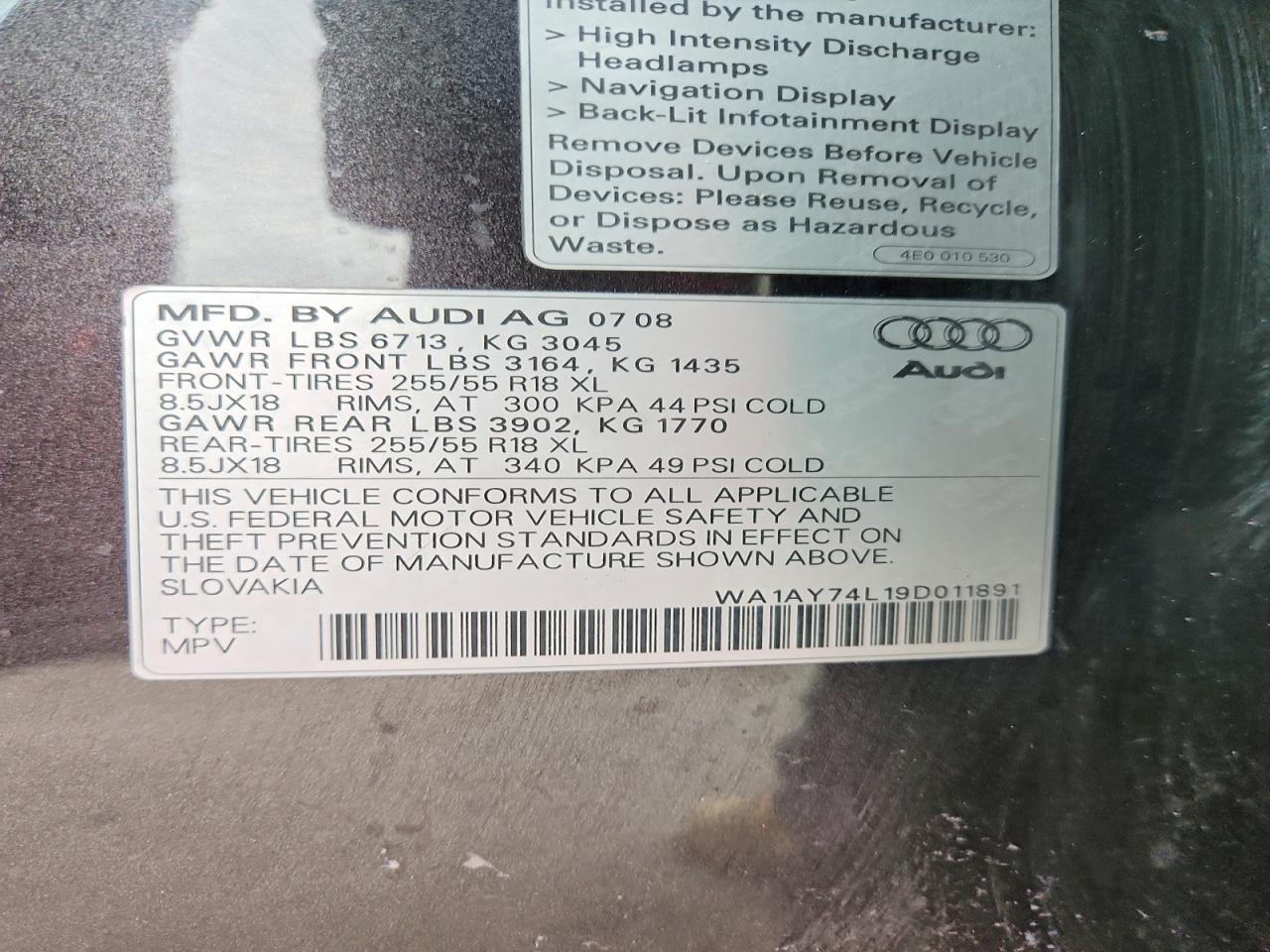 2009 Audi Q7 3.6 Quattro Black vin: WA1AY74L19D011891
