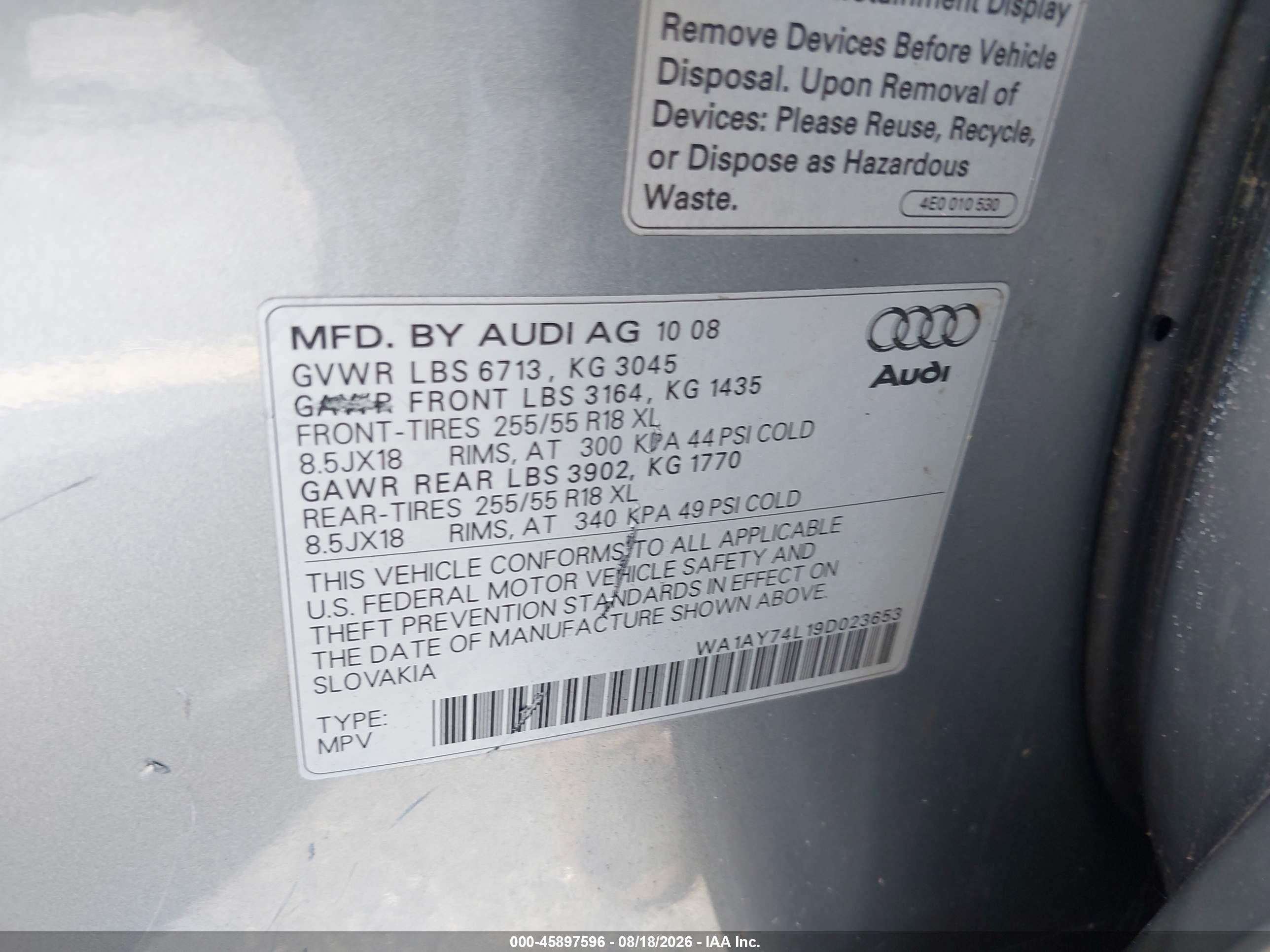 2009 Audi Q7 3.6 5 Passenger/3.6 Premium Silver vin: WA1AY74L19D023653