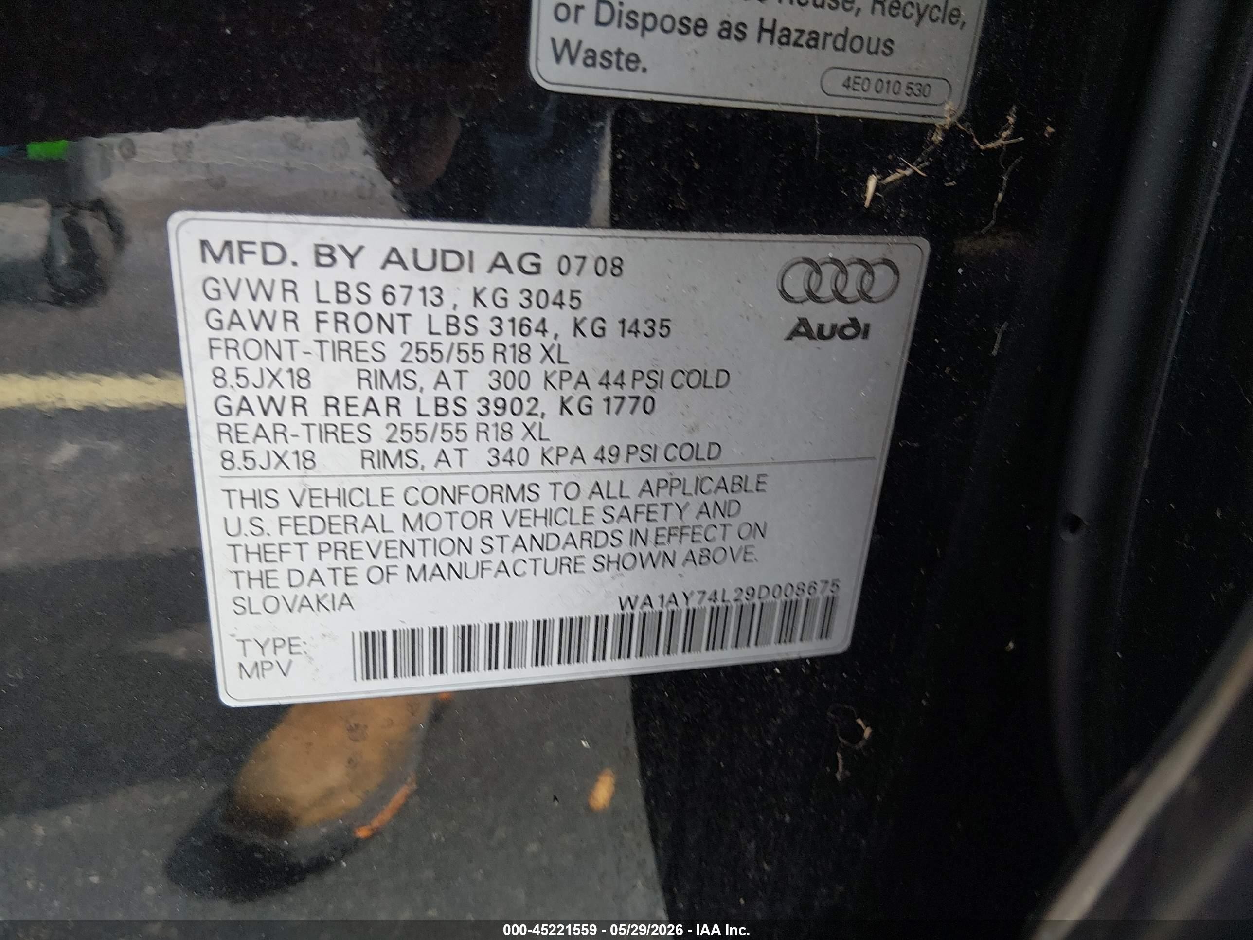 2009 Audi Q7 3.6 5 Passenger/3.6 Premium Black vin: WA1AY74L29D008675